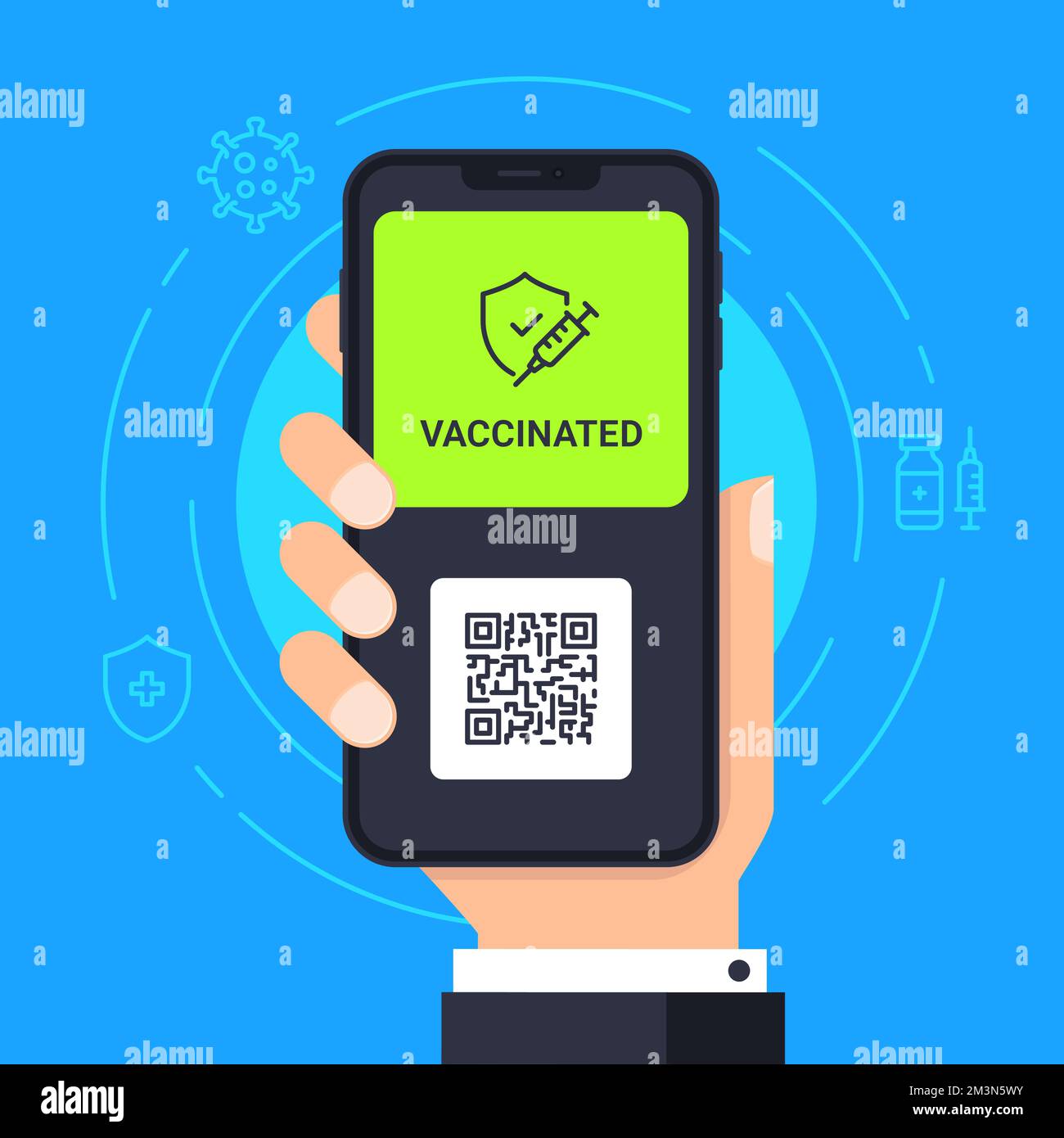 Vaccinated notification on smartphone. Approved vaccination. Digital Health Passport on Smartphone. COVID-19 Certificate on Mobile Phone screen Stock Vector