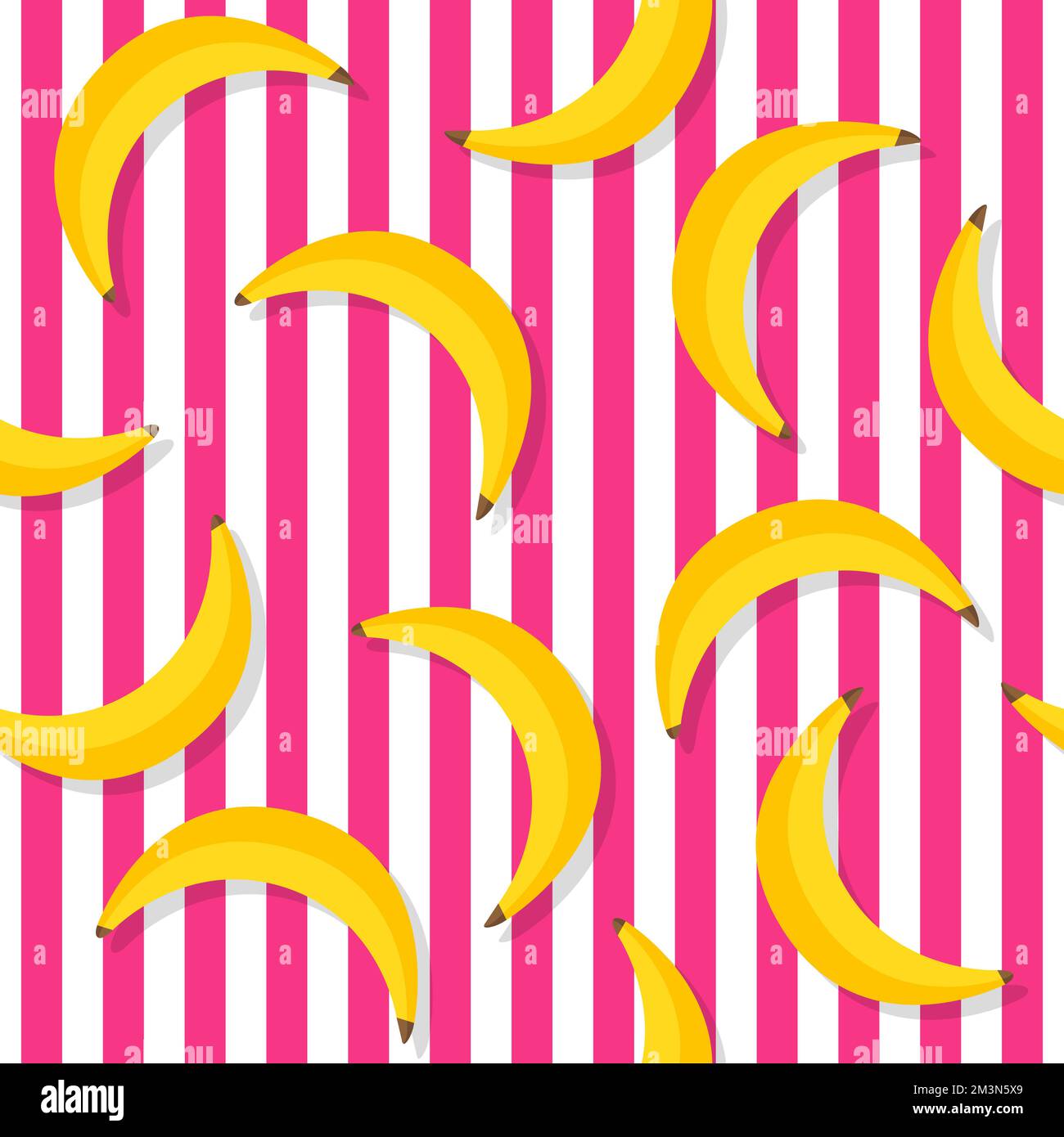 Banana pattern. Repeat banana pattern on pink stripes. Yellow bananas background. Banana print. Yellow palms fruit. Vector illustration Stock Vector