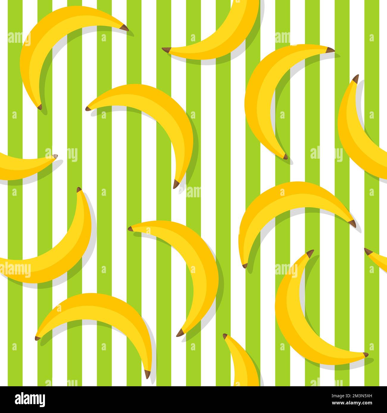 Banana pattern. Repeat banana pattern on green stripes. Yellow bananas background. Banana print. Yellow palms fruit. Vector illustration Stock Vector