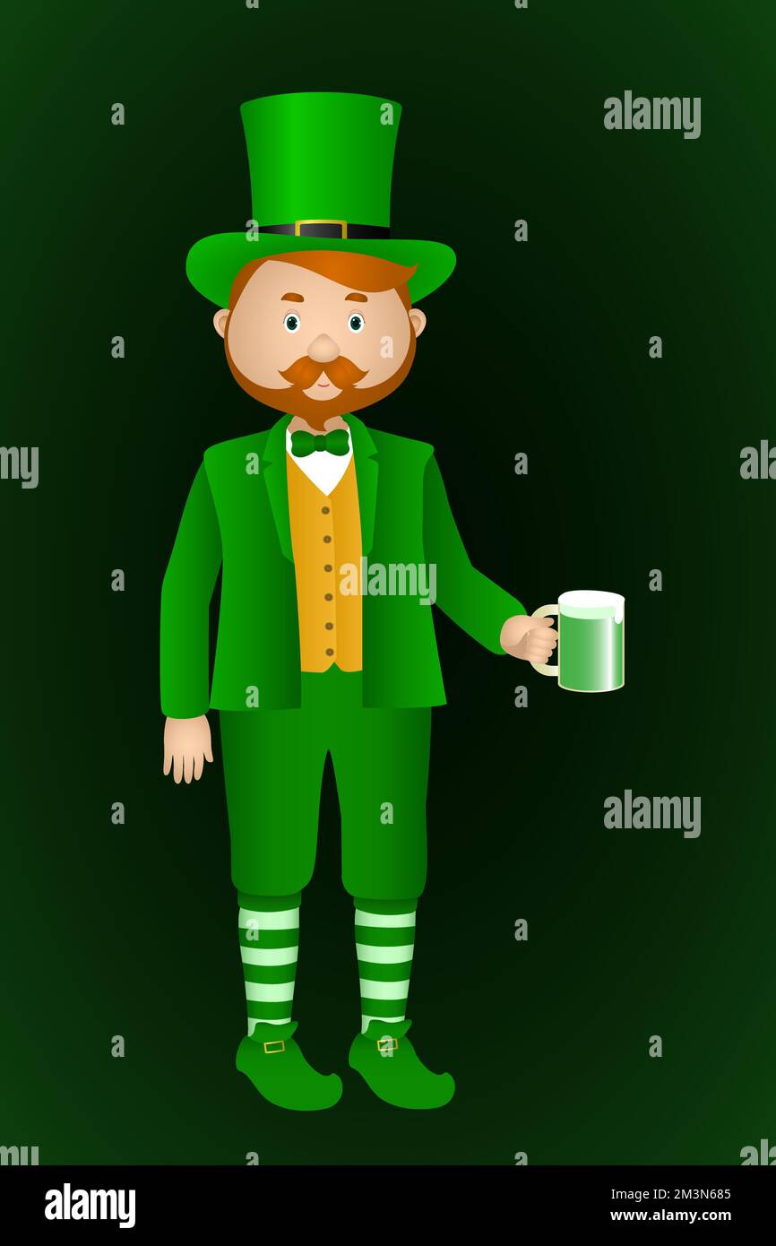 Man in leprechaun suit drink green beer. Vector illustration. Stock Vector