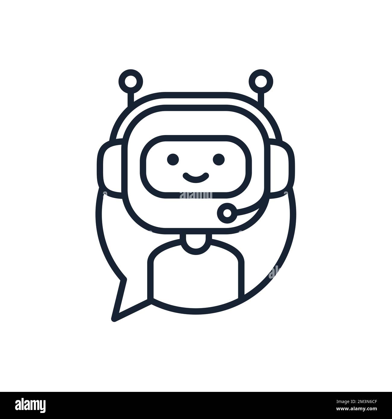 Chatbot vector line icon concept. Cute robot in headphones inside speech bubble. Smiling customer support service robot. Vector outline icon Stock Vector