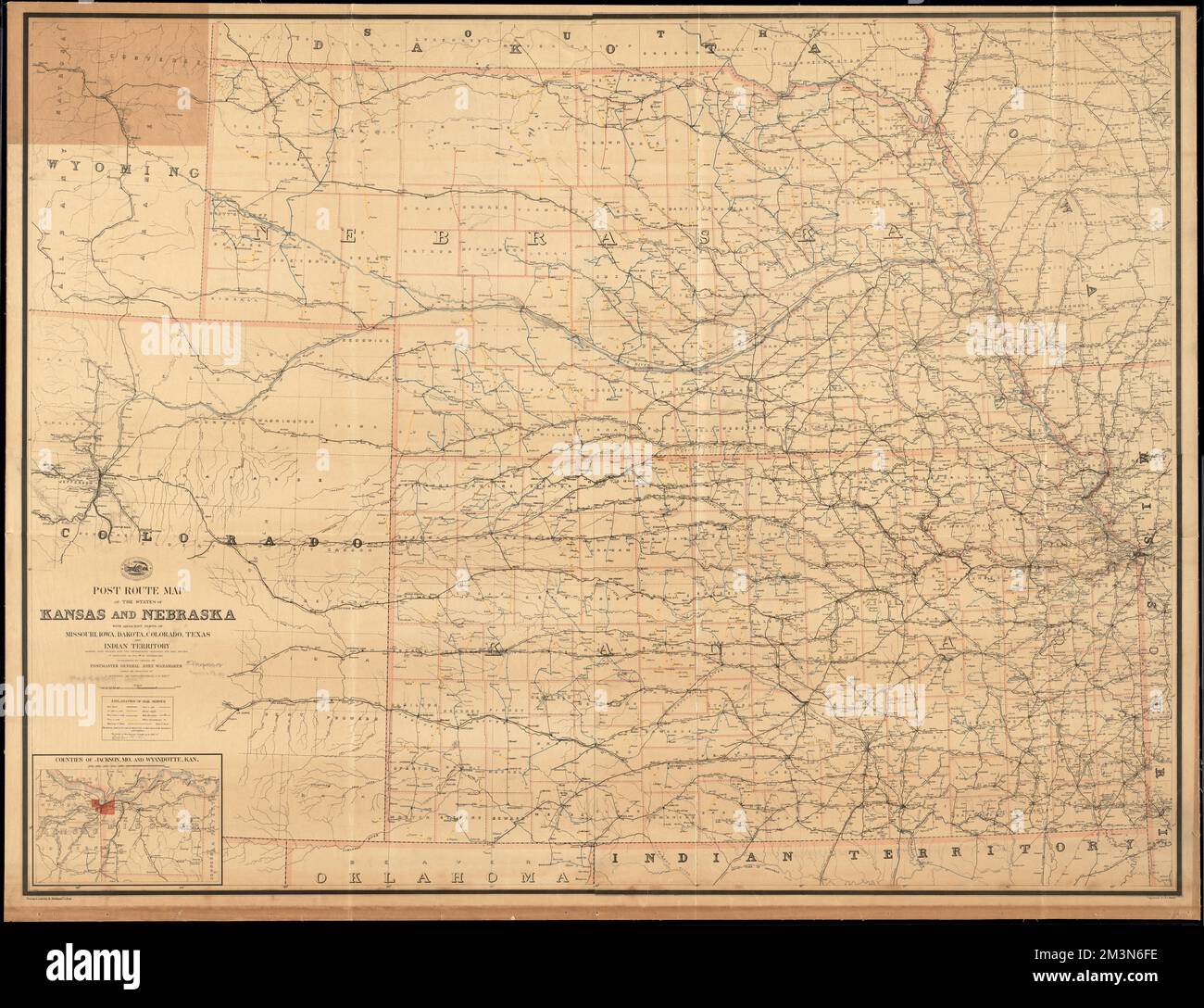 Post route map of the states of Kansas and Nebraska with adjacent parts