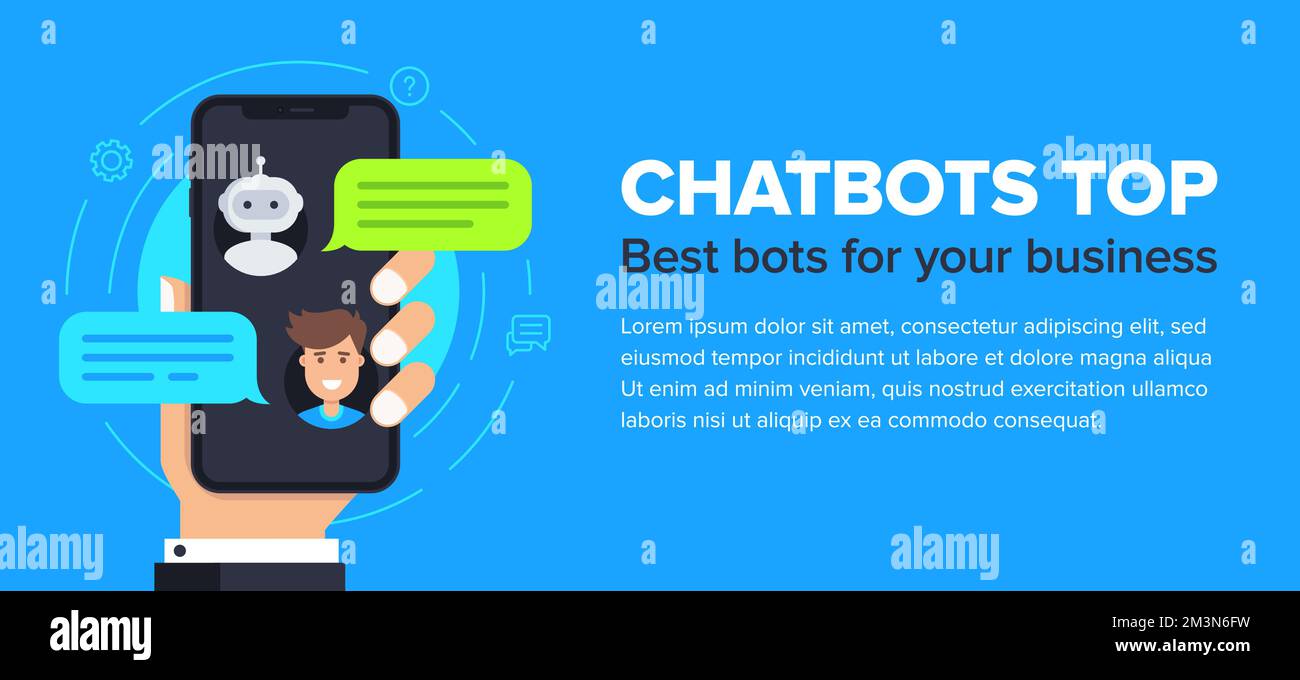 Chatbot vector flat banner design. Horizontal business banner template with illustration of man chatting with chat bot in smartphone. Vector banner Stock Vector