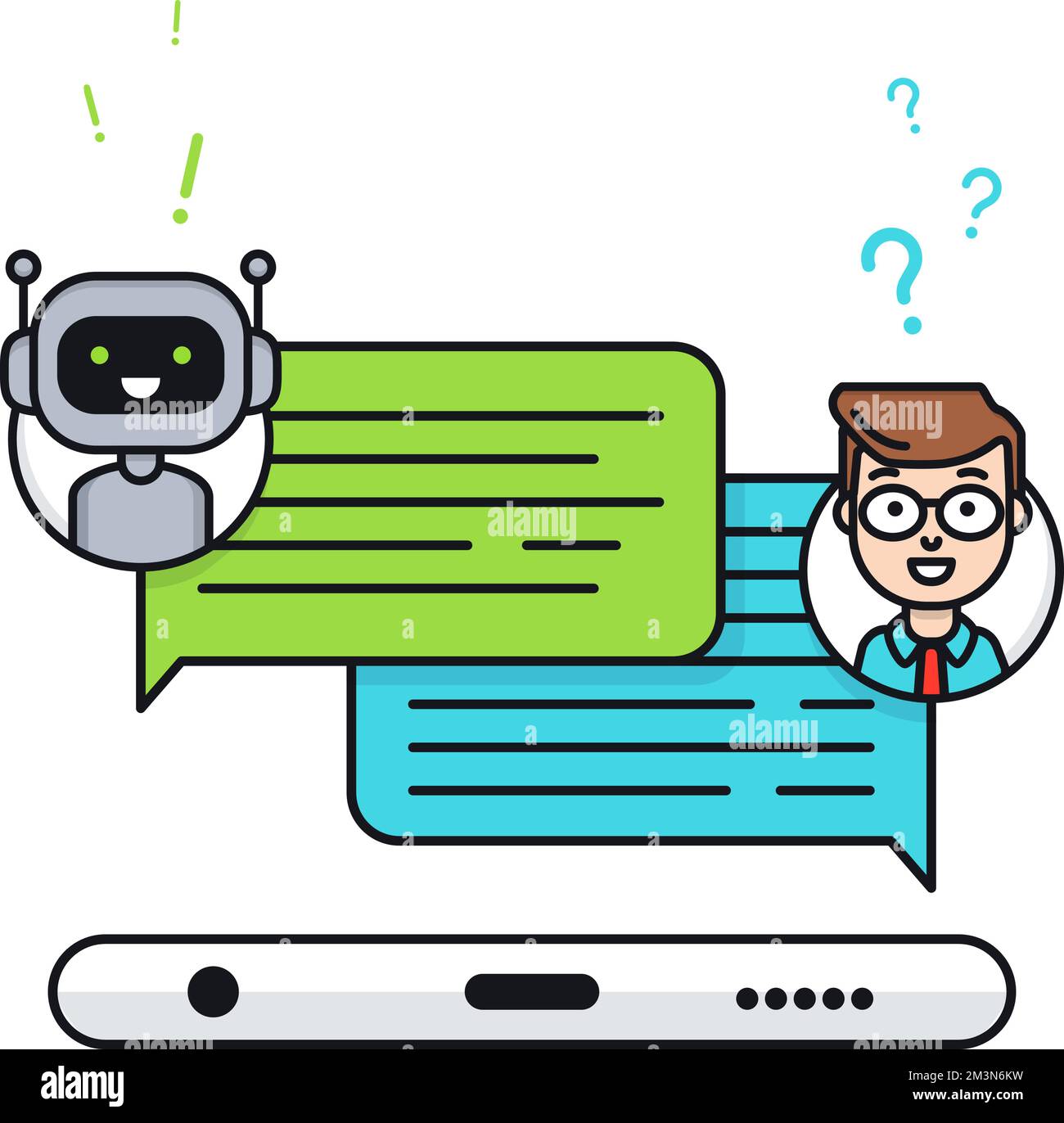 Chatbot concept. Man chatting with chat bot on smartphone. User ask robot the question and get an answer. Vector illustration Stock Vector