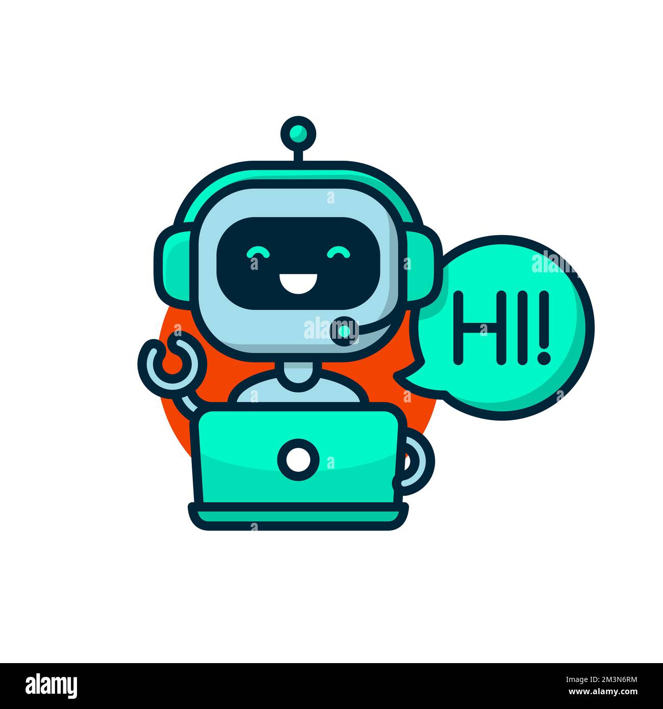 Chatbot icon. Cute smiling robot say Hi behind laptop. Virtual assistant avatar icon. Support customer service chatbot icon. Vector modern icon Stock Vector