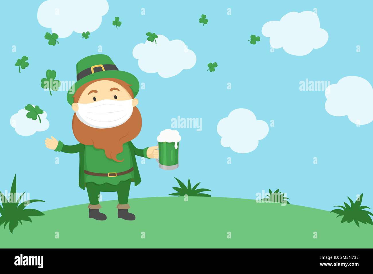 St. Patrick's Day poster. Leprechaun in mask drinking green beer. Vector illustration. Stock Vector