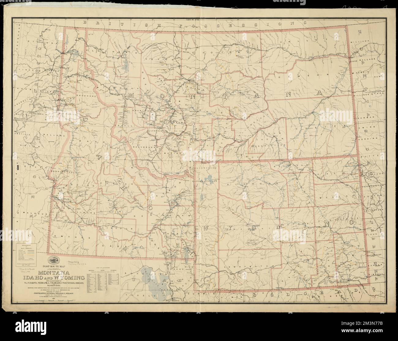Post route map of the states of Montana, Idaho and Wyoming with adjacent parts of N. &amp; S. Dakota ...