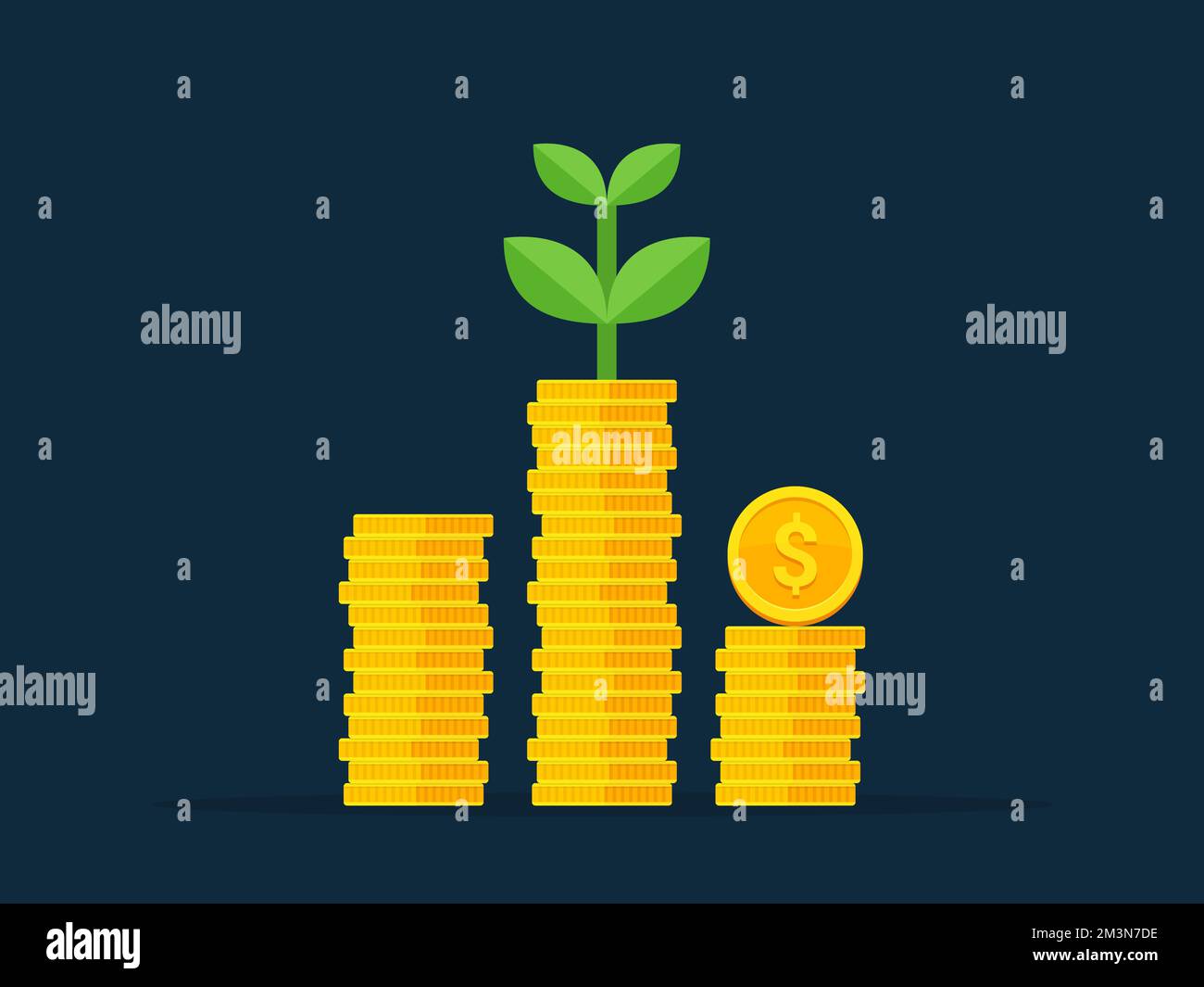 Money growth concept. Stack of golden with growing plant. Income increase illustration concept. Investment productivity growth. Vector illustration Stock Vector