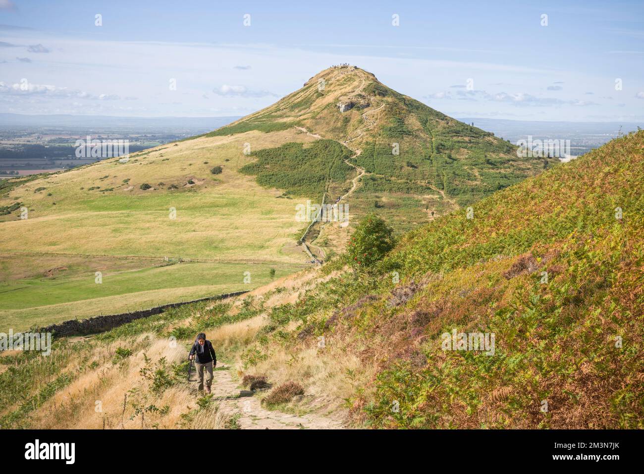 Indian (South Asian) woman hiking alone in North Yorkshire Moors with Roseberry Topping in the background. Yorkshire, England, UK Stock Photo