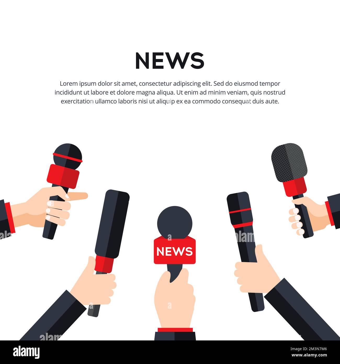 News interview vector illustration. Hands with microphones on white