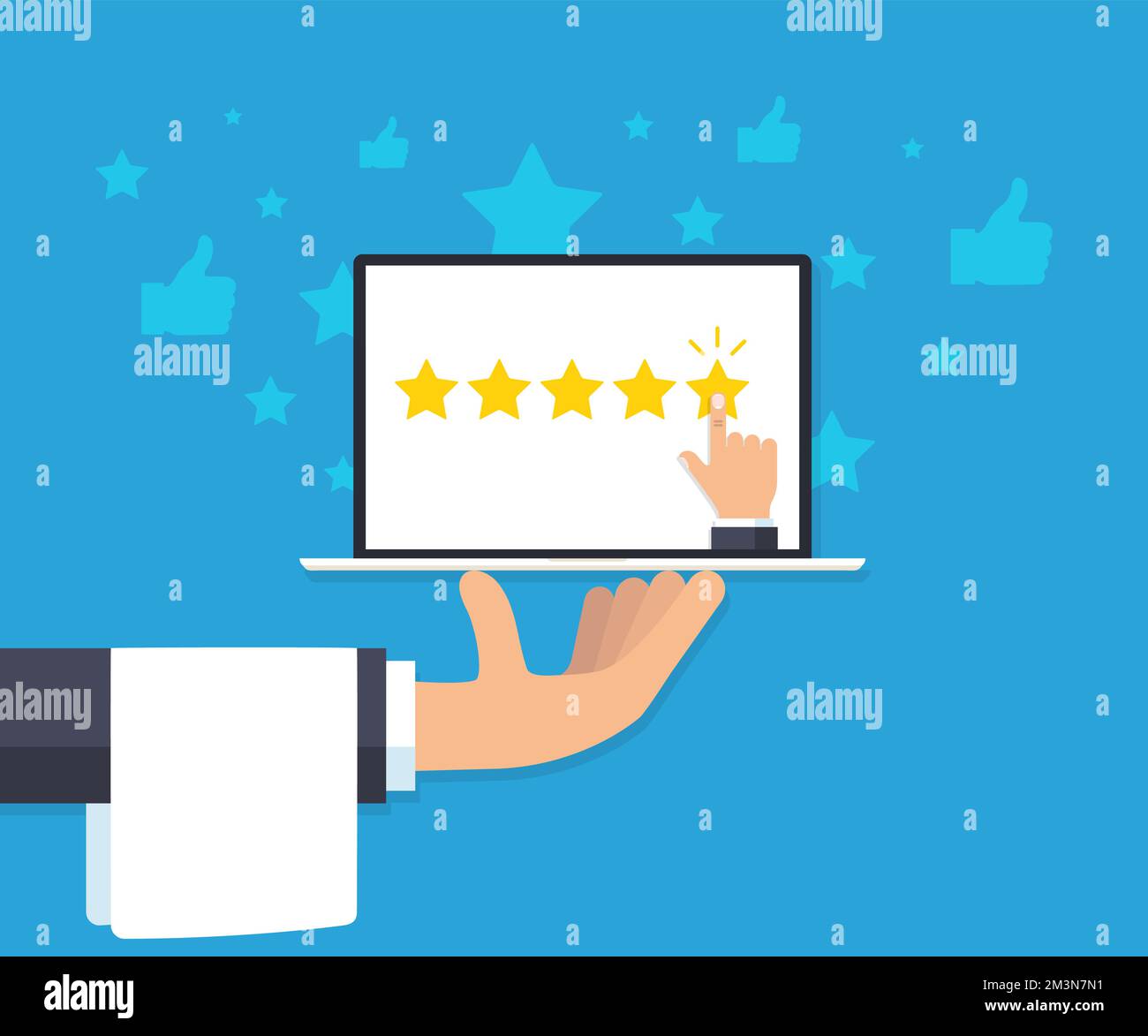 Restaurant feedback concept. Waiter's hand with towel holds laptop with hand that gives five stars. Rating system or reputation vector illustration Stock Vector