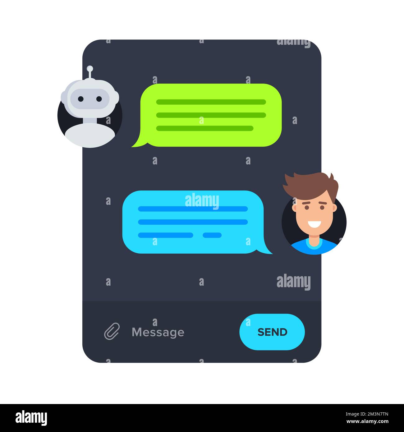 Chatbot concept. Cartoon messenger vector design. Man chatting with robot in messenger app. Vector illustration in flat style Stock Vector