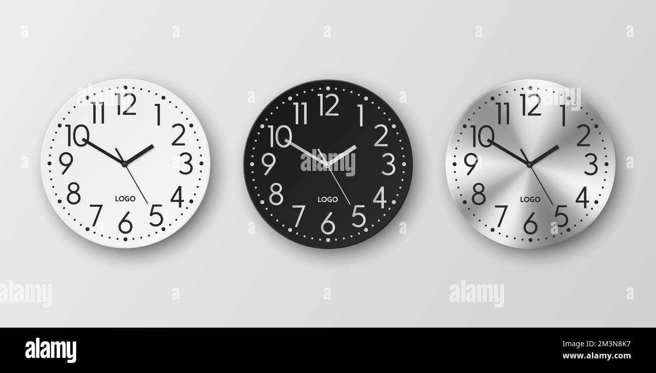 Vector 3d Realistic White, Black, Silver Round Wall Office Clock Icon