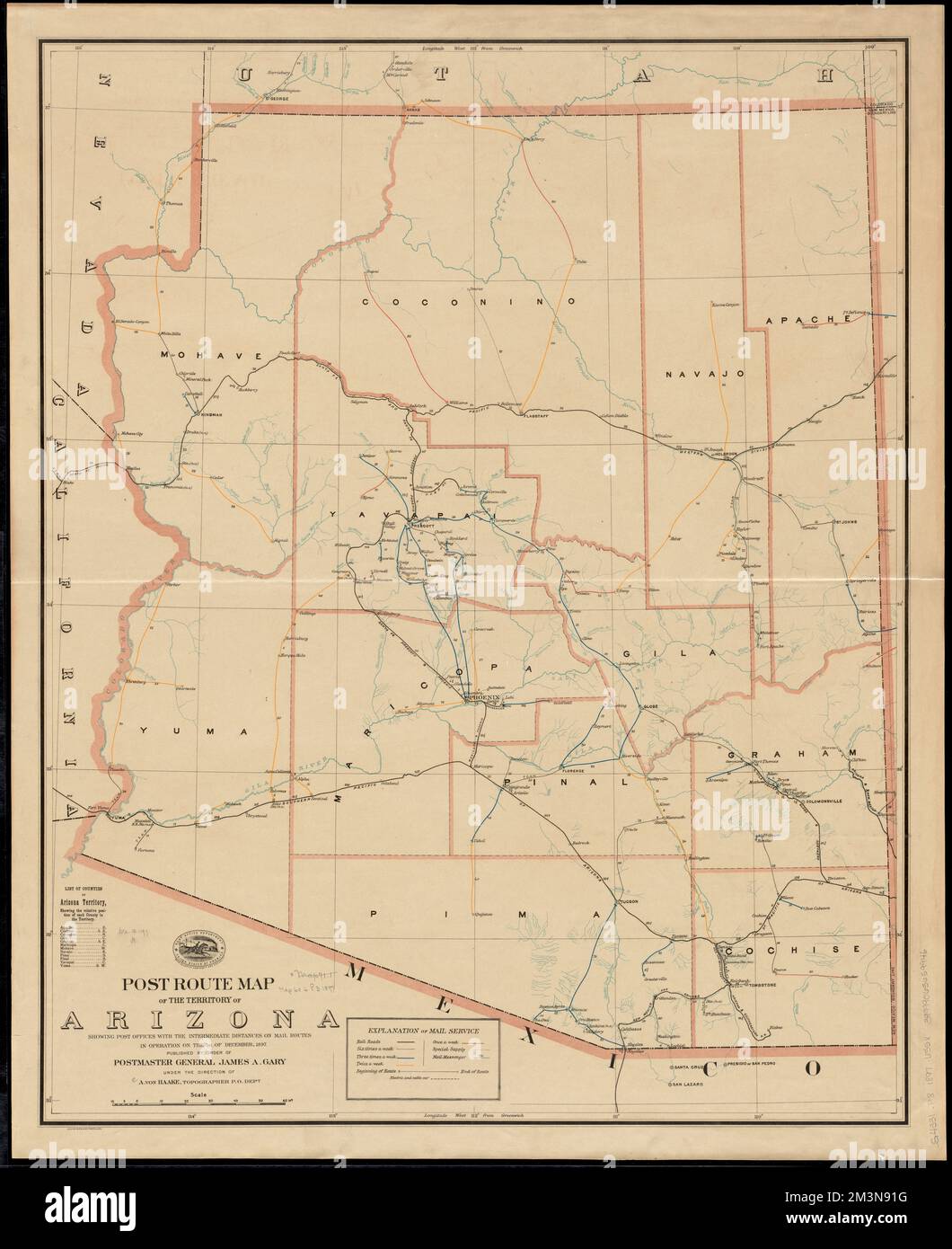 Post route map of the territory of Arizona showing post offices with