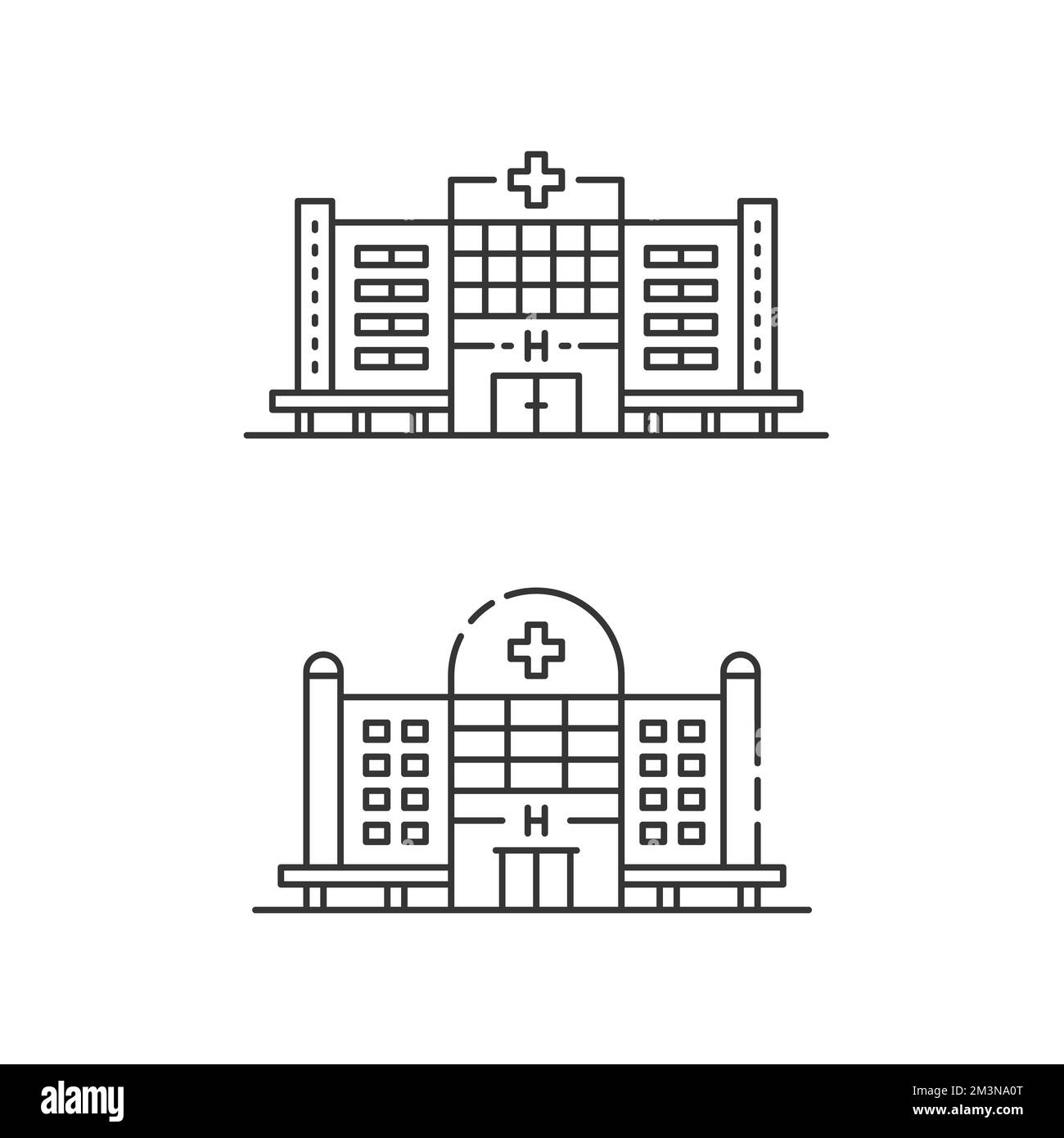 Hospital icons. Set of medicine buildings. Medical center signs concept in flat line style. Private clinic symbols. Vector modern illustration Stock Vector