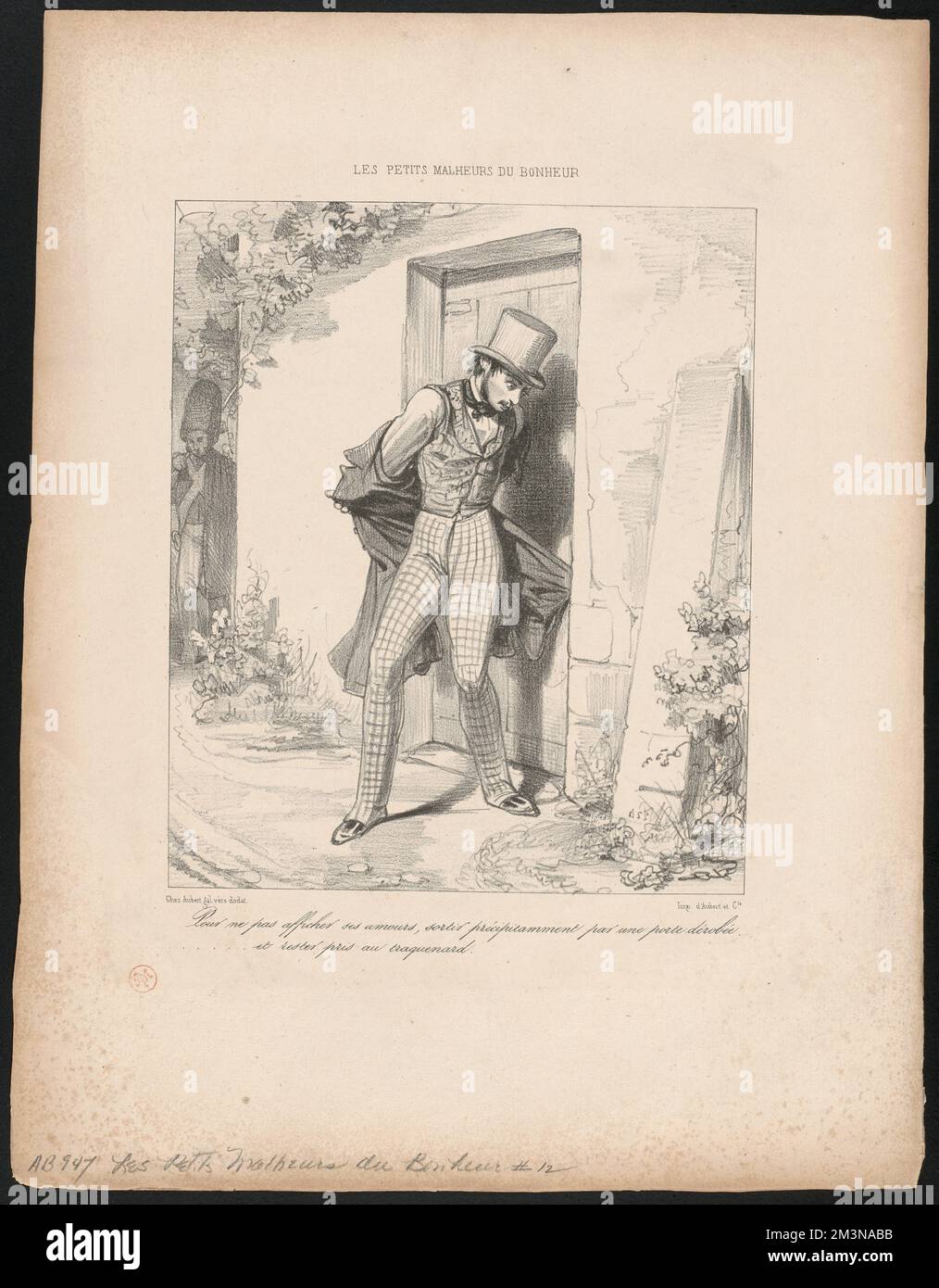 Pour ne pas afficher ses amours, sortir précipitamment par une porte dérobée - et rester pris au traquenard ,. Paul Gavarni (1804-1866). Lithographs and Other Works Stock Photo