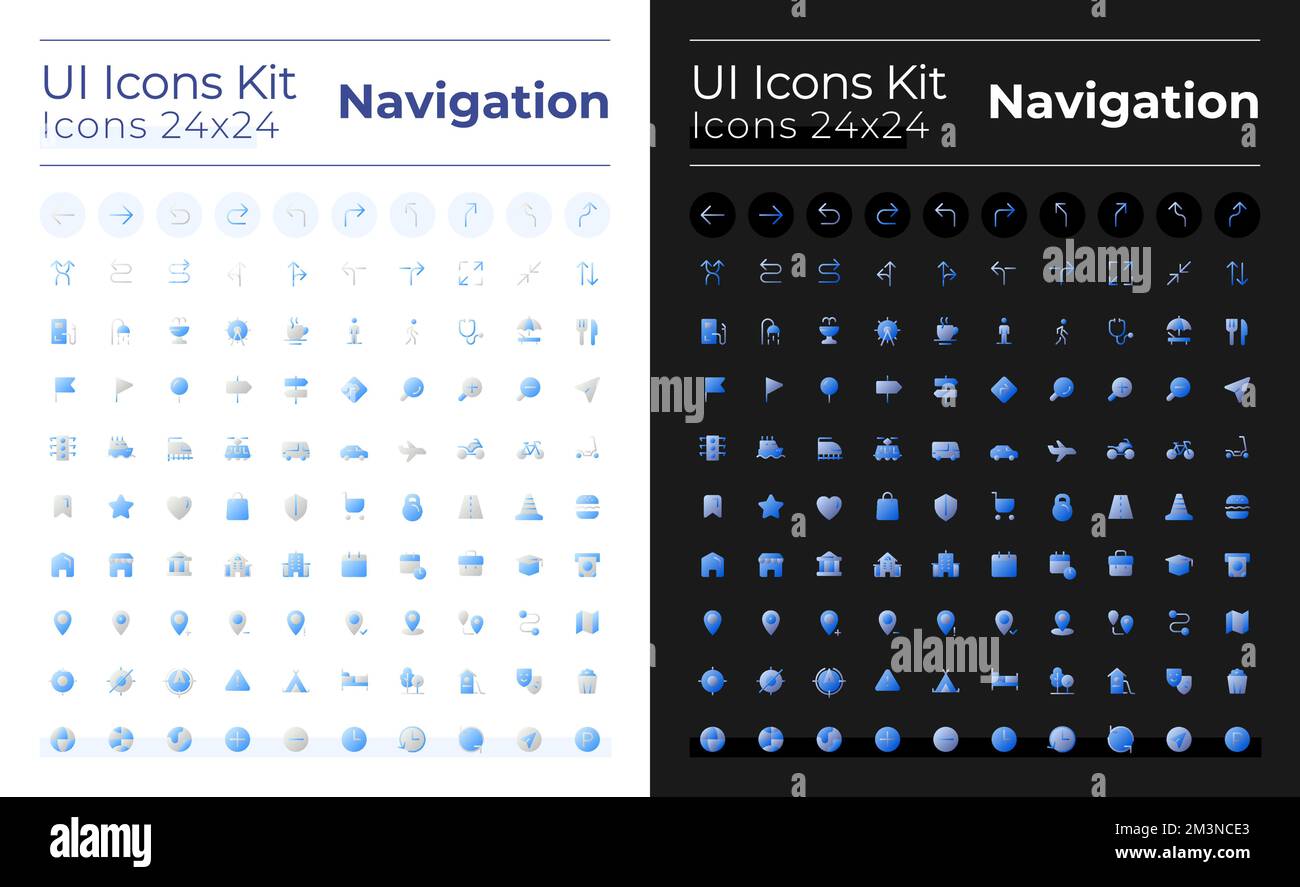 GPS and navigation flat gradient two-color ui icons set for dark, light mode Stock Vector