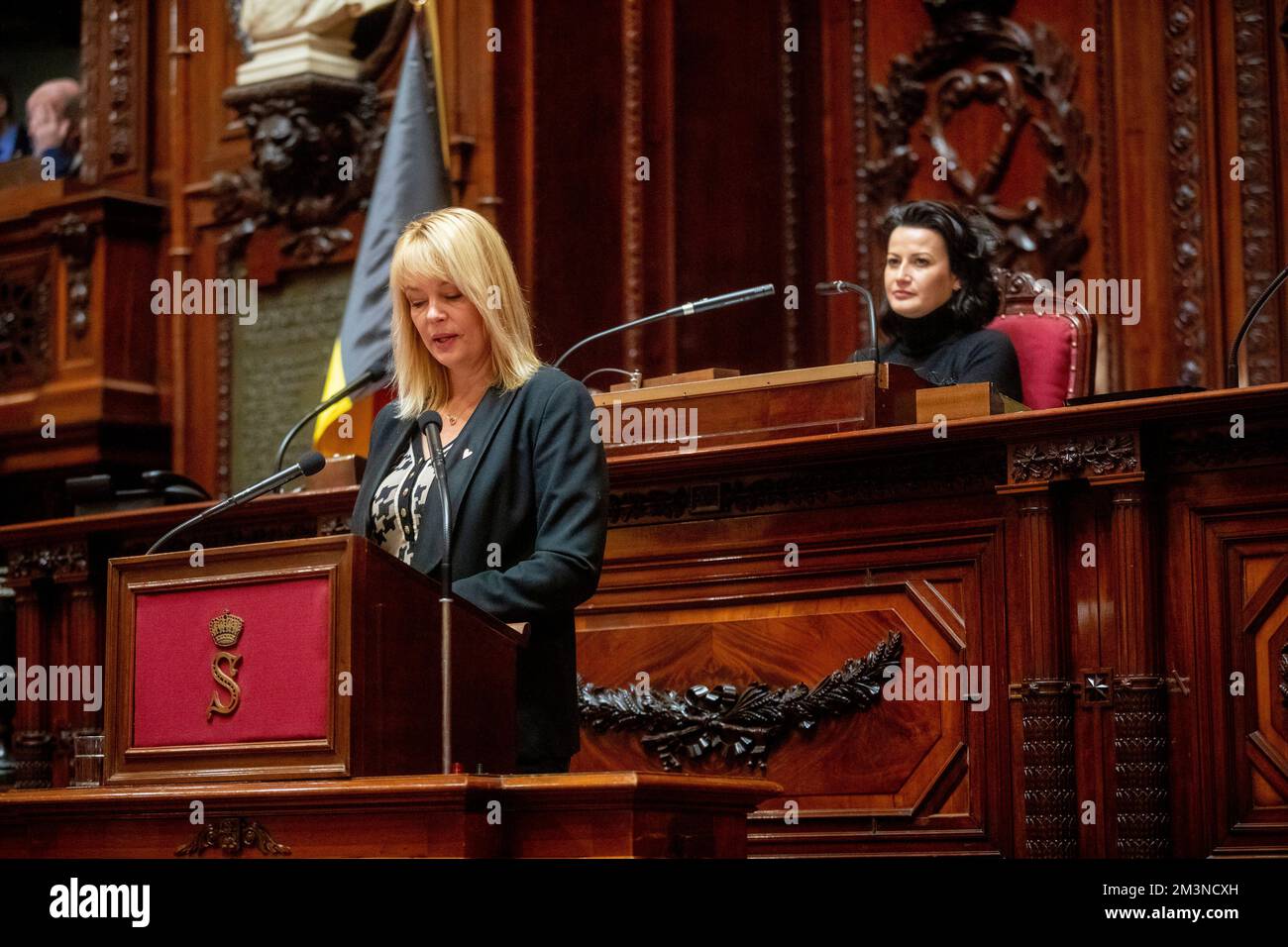 ATTENTION EDITORS: FOCUS COVERAGE, DISTRIBUTION REQUESTED TO BELGA Vlaams Belang's senator Anke Van dermeersch pictured during a plenary session of the Senate at the federal parliament, in Brussels, Friday 16 December 2022. BELGA PHOTO HATIM KAGHAT Credit: Belga News Agency/Alamy Live News Stock Photo