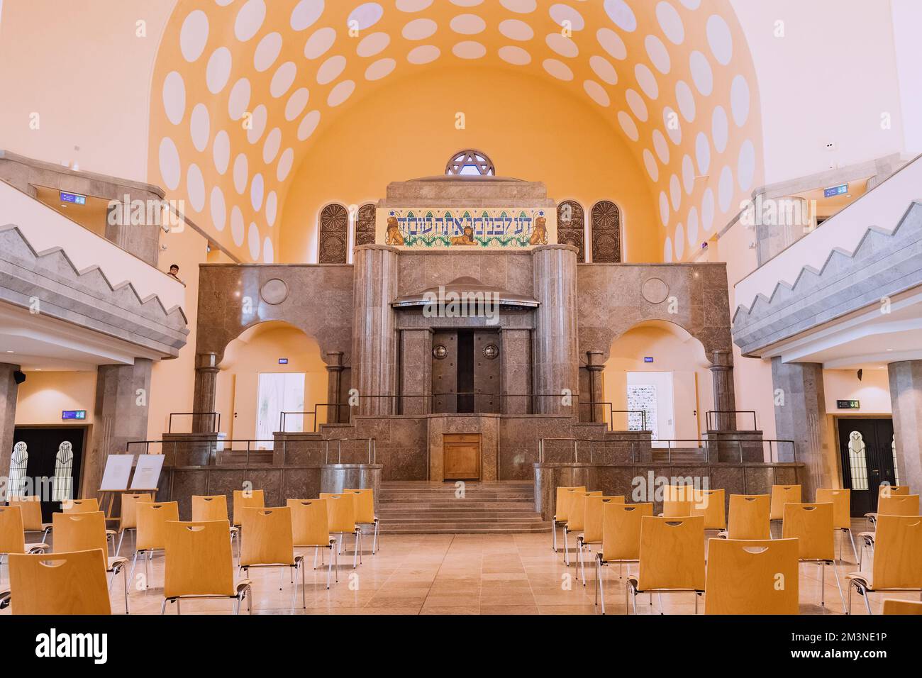 28 July 2022, Essen, Germany: Panoramic view of bright and decorated interior of the Jewish synagogue in Essen. Stock Photo