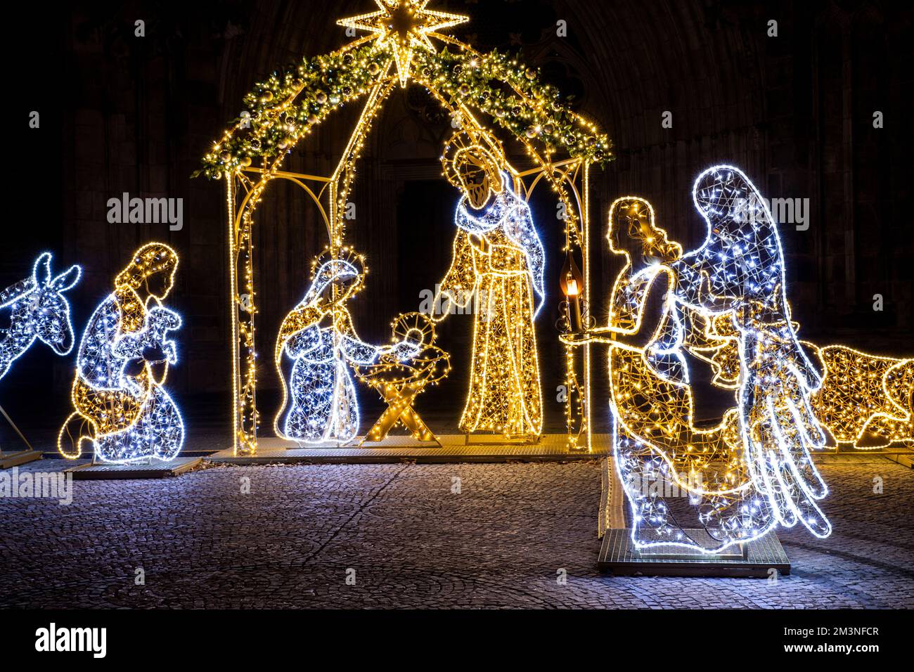 Christmas Manger scene art made many led bright garland lit lamps ...