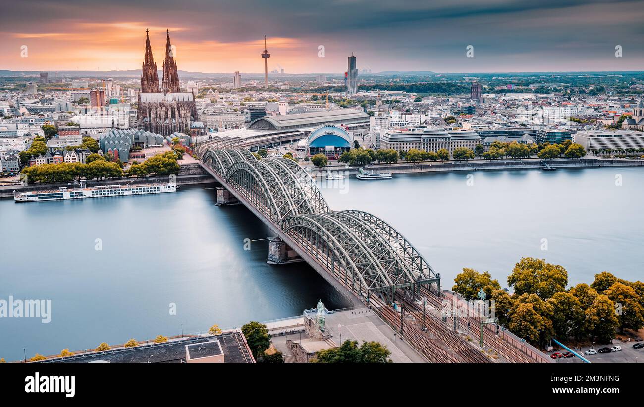 Cologne Aerial view with trains move on a bridge over the Rhine River