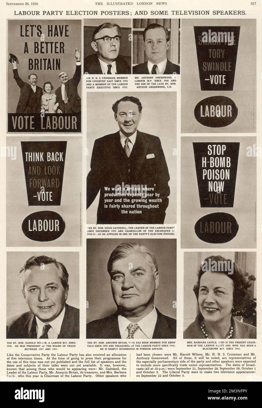 Labour Party election posters and speakers for Labour's series of five short television programmes in the run-up to the General Election of 8th October 1959 (which the Conservatives won). Poster slogans include Stop H-Bomb Poison Now, and Smash the Tory Swindle. Speakers include leader Hugh Gaitskell, treasurer Aneurin Bevan, Barbara Castle and Harold Wilson.     Date: 1959 Stock Photo