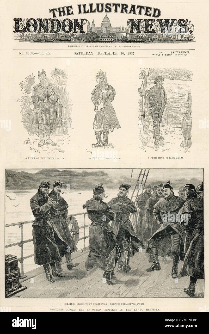 A page from the Illustrated London News, reporting on the measures to crush the rebellion on the isle of Lewis, titled 'Sketches among the revolted crofters in the Lewis, Hebrides.' Soldiers crossing to Stornoway dance to a penny whistle to keep warm on deck as they approach the island.     Date: 1887 Stock Photo
