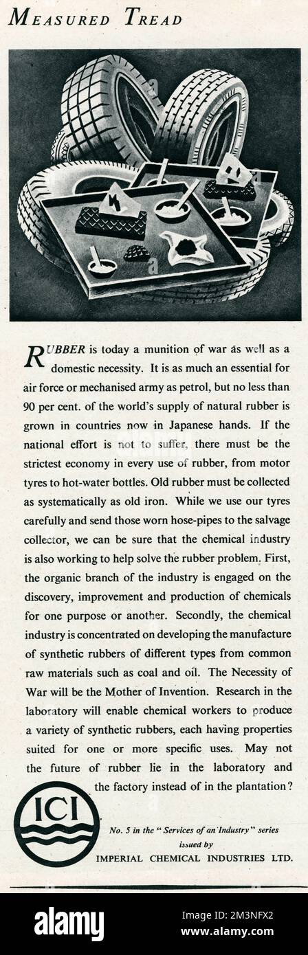 During World War Two, Britain got 90% of their suppies of natural rubber from Japan, due to this, rubber became scarce.  Old rubber was collected from old tyres and worn hose-pipes, and the organic chemical industry was trying to develop and manufacture synthtic rubbers of different types from common raw material such as coal and oils.     Date: 1942 Stock Photo