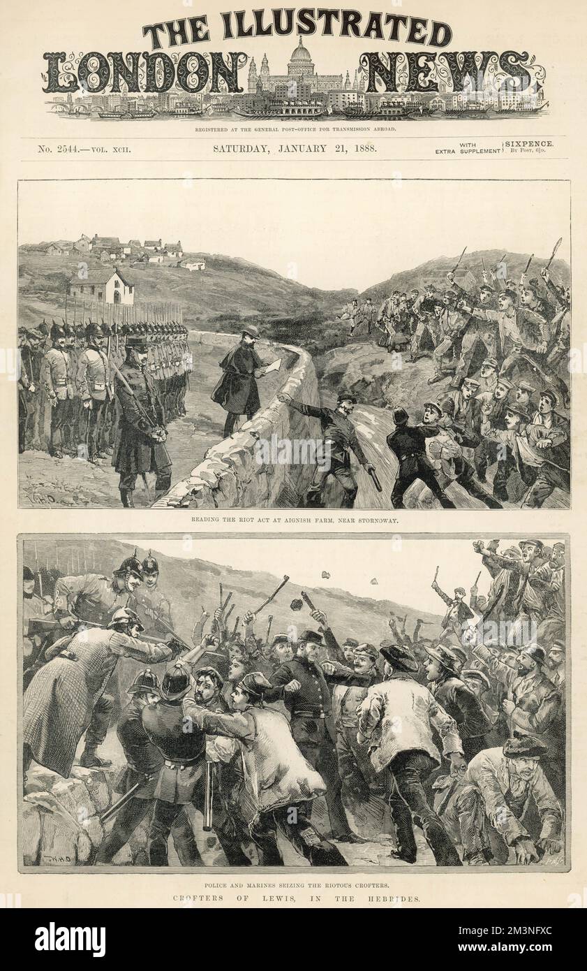 Resistance to the collection of rent, and the resulting evictions and disputes about the occupation of land caused unrest on the isle of Lewis, resulting in a military force being dispatched to quell the rebellion. The Illustrated London News reported the reading of the riot act at Aignish Farm, near Stornoway, and the seizing of riotous crofters by police and marines as front page material.     Date: 1887 Stock Photo