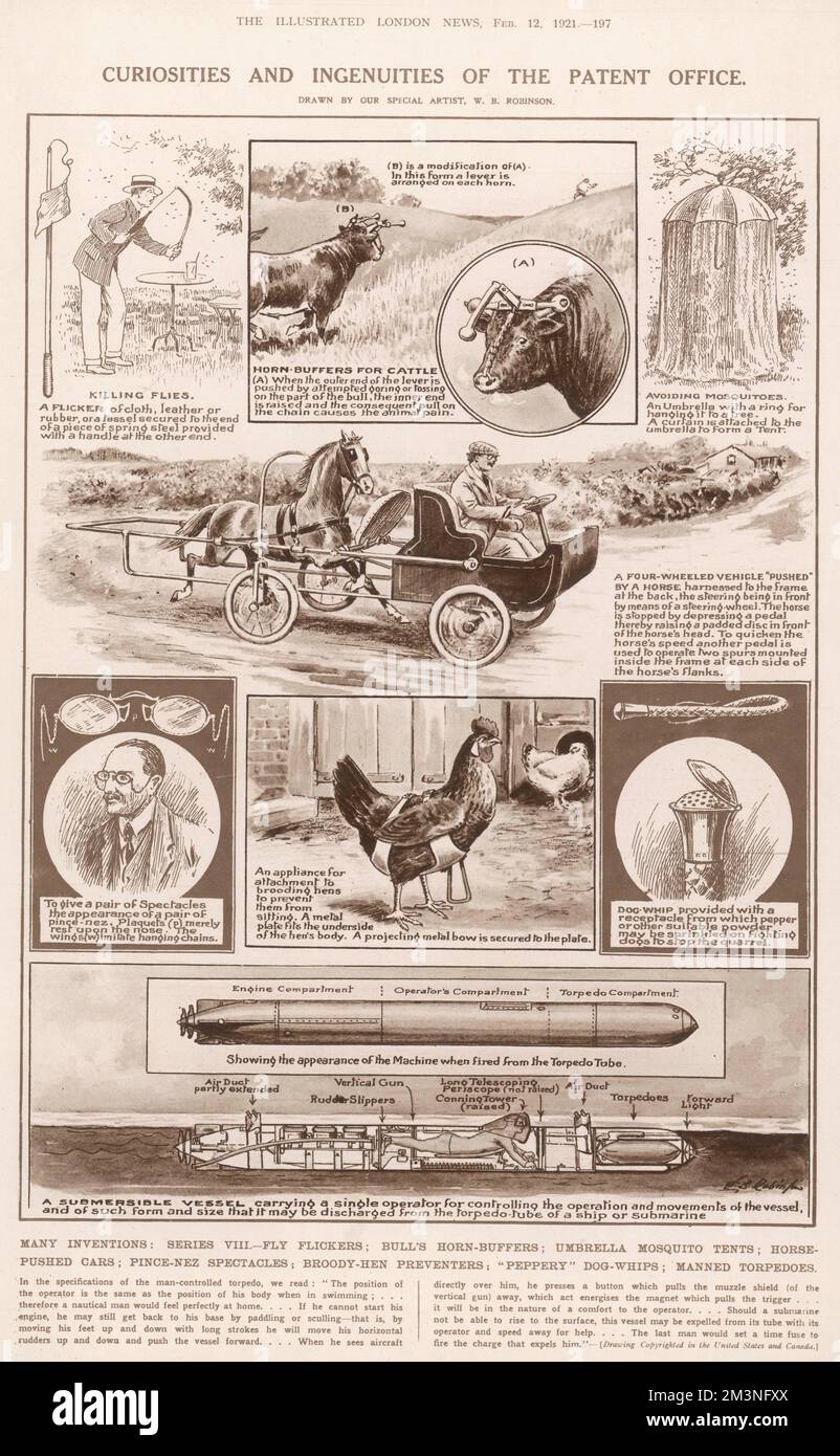 Curiosities and Ingenuities of the Patent Office. Many of the wild and wacky inventions submitted to the Patent Office, including: Fly Flickers, Horn buffers for Cattle, Mosquito-avoiding umbrella, a four-wheeled vehicle 'pushed' by a horse, pinze-nez-style spectacles, a metal bar to prevent brooding hens from sitting, dog whip with handle to contain powder to stop quarrelling mutts and (of course!) manned torpedoes fired from a single operator submersible vessel.     Date: 1921 Stock Photo