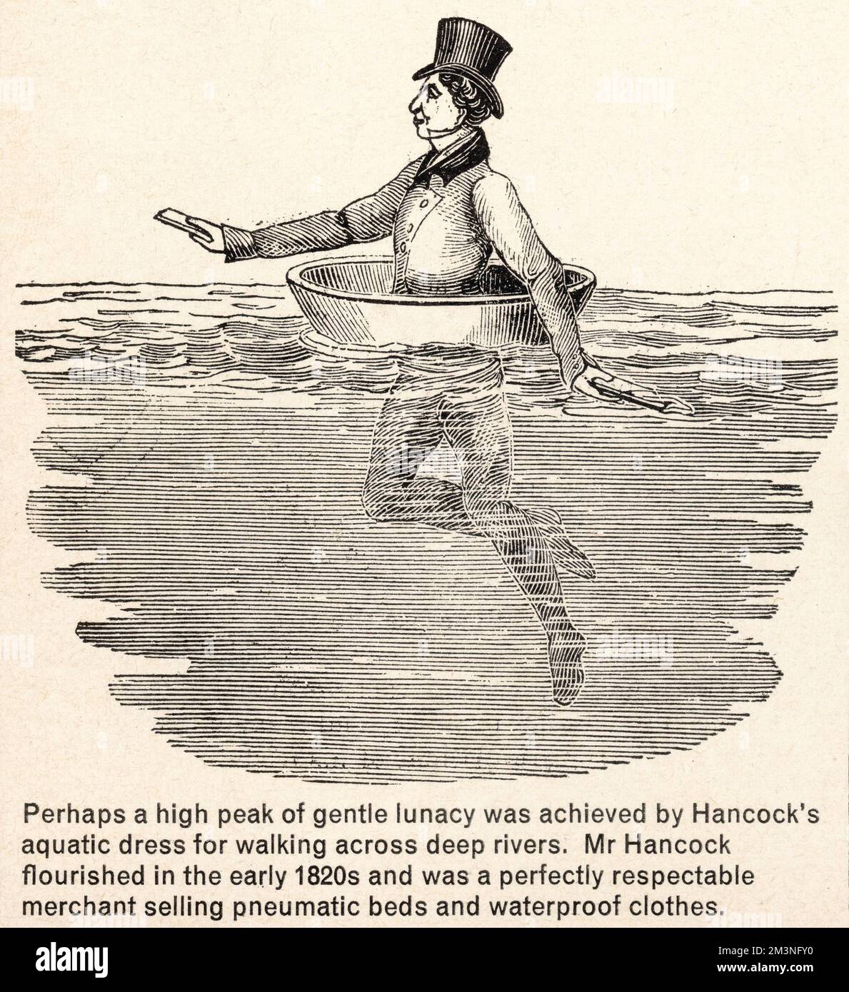 Hancock's Aquatic Dress - a basin-type device for 'walking' across deep rivers. The rather 'opn' design rathers opens the possibility for flooding, but Mr Hancock's business flourished in the early 1820s and he was a perfectly repectable merchant selling pneumatic beds and waterproof clothes!  late 19th century Stock Photo