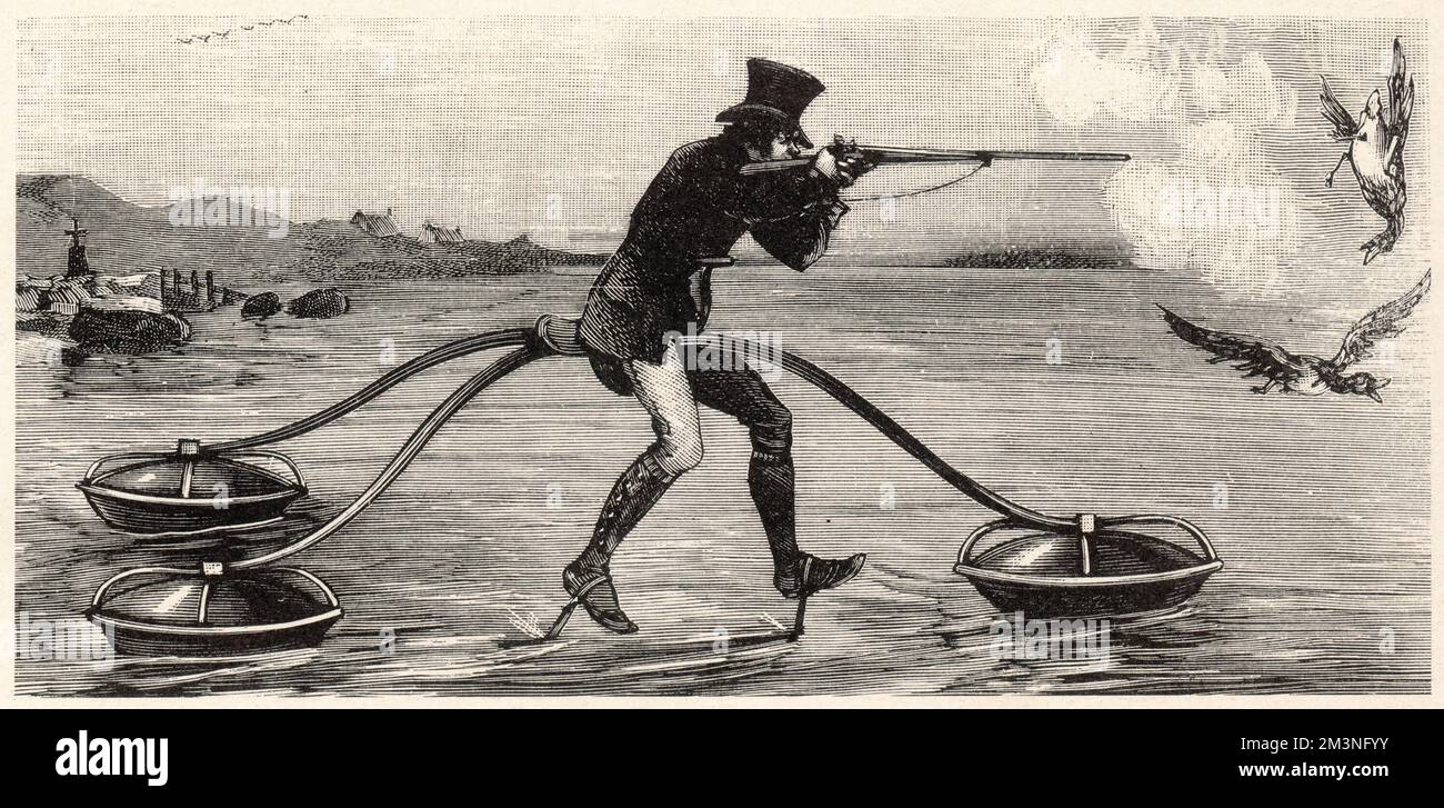 A sporting gentleman in top hat hunts ducks out in the middle of a lake thanks to his remarkable floating aquatic cycle - useability possibly determinate on the level of swell...     Date: late 19th century Stock Photo