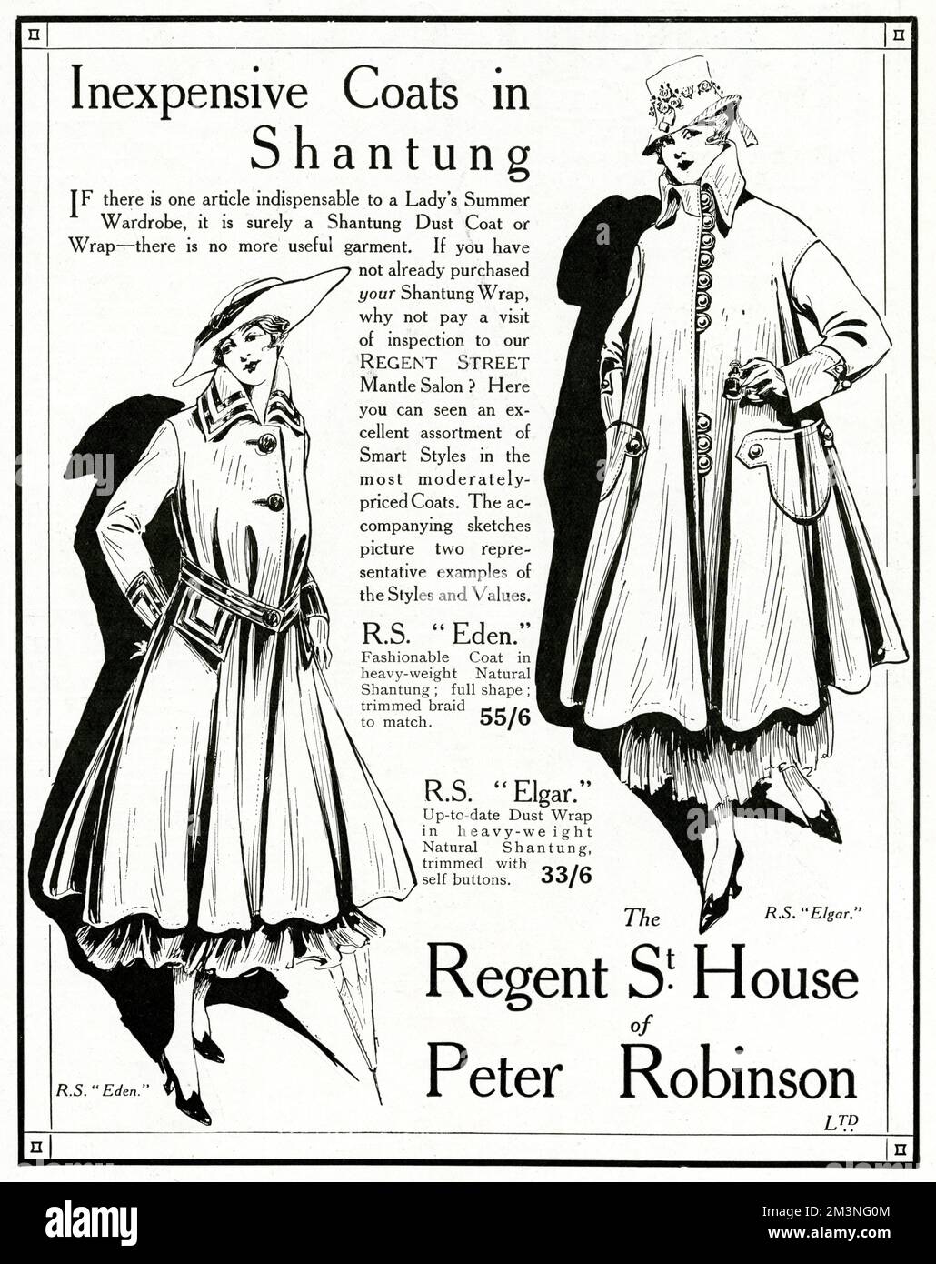 'Inexpensive coats in shantung'  If there is one artical indispensable to a lady's summer wardrode, it is surely a shantung dust coat or wrap - there is no more useful garment.       Date: 1916 Stock Photo