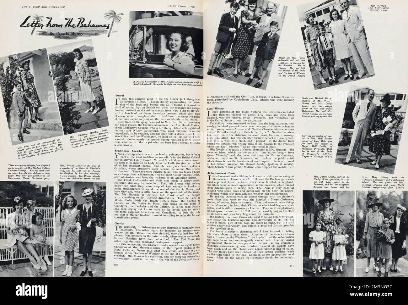 A double-page-spread entitled 'Letters from the Bahamas' showing various families who have sought refuge in the Bahamas whilst the war rages back in England.     Date: 1941 Stock Photo