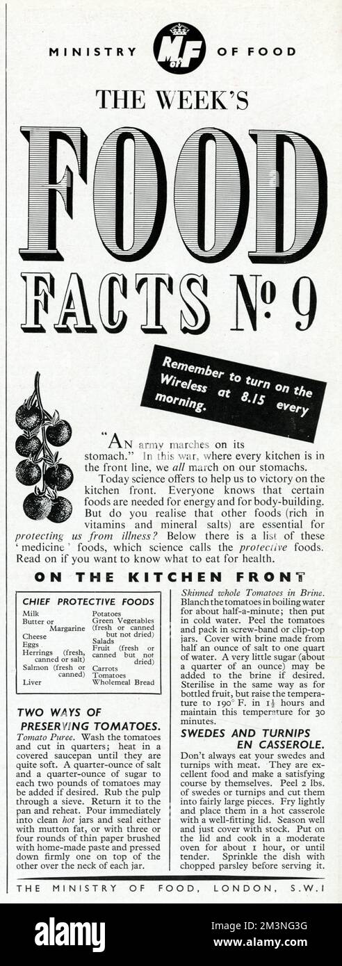'The week's food facts No. 9'.  'An army marches on its stomach'.  In this war, where every kitchen is in the front line, we all march on our stomachs.  Today science offers to help us to victory on the kitchen front.  Everyone knows that certain foods are needed for energy and for body-building.  But do you realise that other foods (rich in vitamins and mineral salts) are essential for protecting us from illness?    1940 Stock Photo