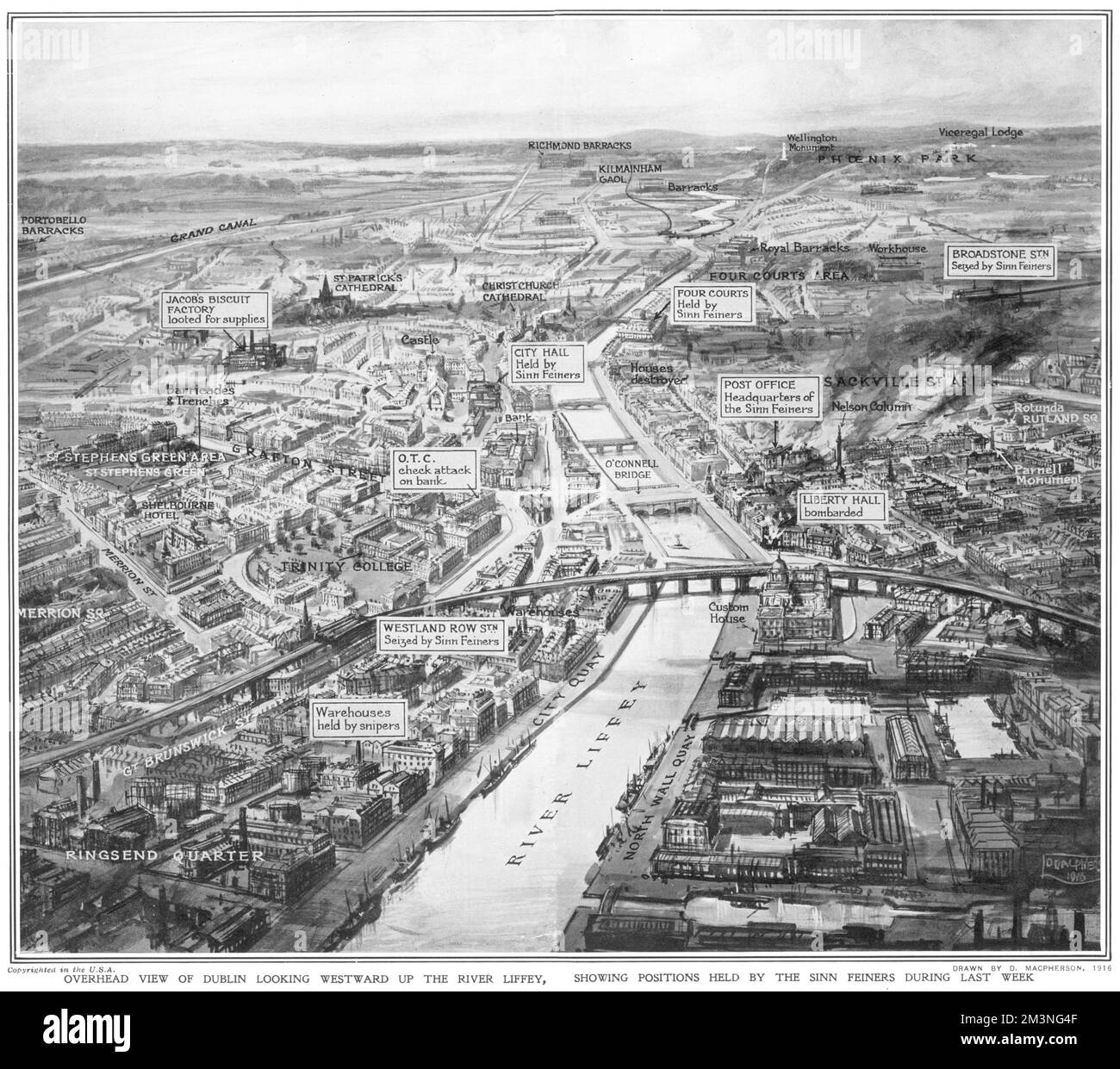 A bird's eye view of Dublin looking westward up the River Liffey, showing positions held by the Sinn Feiners during the Easter Rising in April 1916     Date: 1916 Stock Photo