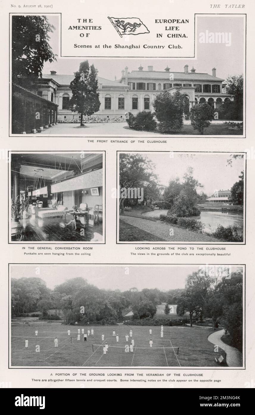 The amenities of European life in China, showing various aspects of the Shanghai country club: the front entrance of the clubhouse; in the general conversation room; looking across the pond to the clubhouse; and a portion of the grounds looking from the verandah of the clubhouse, the club having fifteen croquet and tennis courts in all.     Date: 1901 Stock Photo