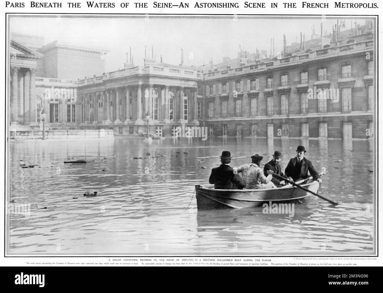 A sailor conveying members of the house of deputies during the floods in Paris.     Date: January 1910 Stock Photo