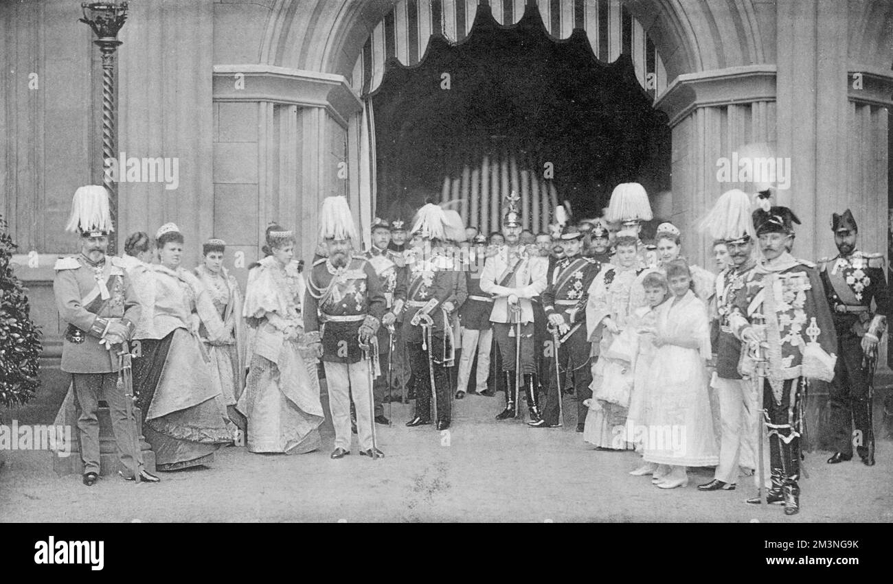 A gathering of European royalty at Schloss Coburg, including Princess of Saxe-Meiningen, Prince Henry of Prussia, Prince Ferdinand of Roumania, Grand Duchess Serge of Russia, Prince Louis of Battenberg, Prince of Wales, Duchess of Coburg, Princess Ferdinand of Roumania, Duke of Coburg, Emperor of Germany, Grand Duke Paul of Russia, Duchess of Connaught, Prince of Saxe-Meiningen and the Duke of Connaught.     Date: 1894 Stock Photo