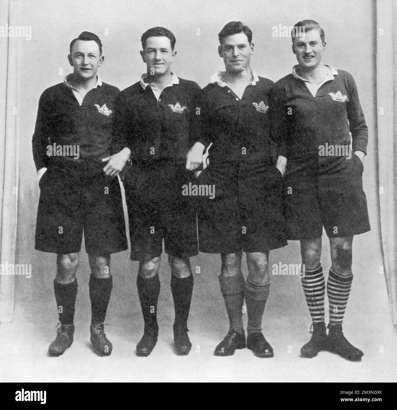 The Scottish rugby union three-quarter line, made up entirely of players from Oxford University, which contributed towards a Scottish grand slam in the Five Nations tournament of 1925. From left to right, A.C.Wallace, G.G.Aitken, G.P.S.Macpherson and I.S.Smith. Macpherson was unable to play in the fixture against Ireland in Dublin, due to an injury, and his place was taken by J.C.Dykes     Date: 1925 Stock Photo
