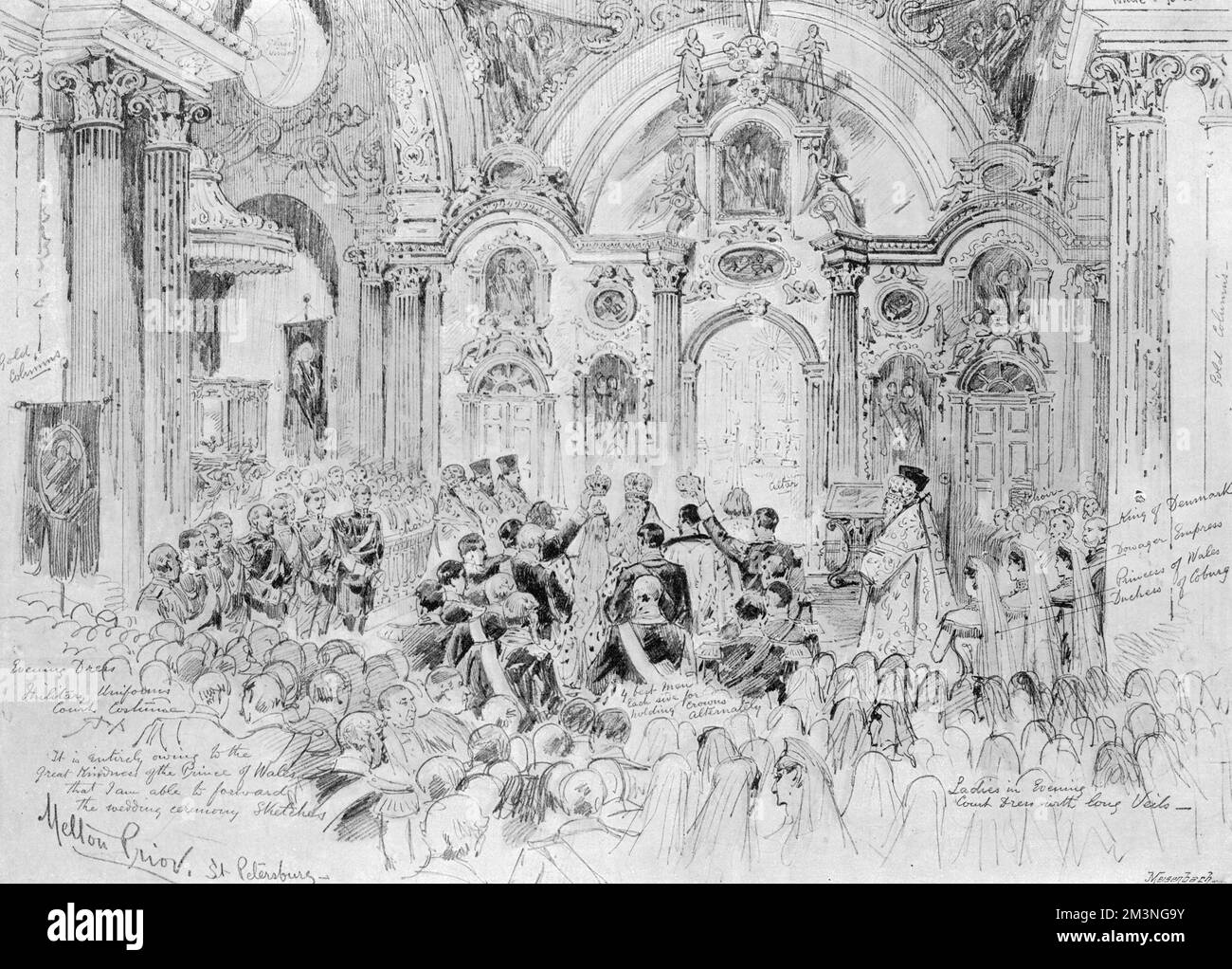 The symbolic rite of 'matrimonial coronation' being performed at the wedding of the Grand Duchess Alexandra Feodorovna, Princess Alix of Hesse, to Emperor Nicholas II in the Chapel at the Winter Palace.     Date: 26th November 1894 Stock Photo