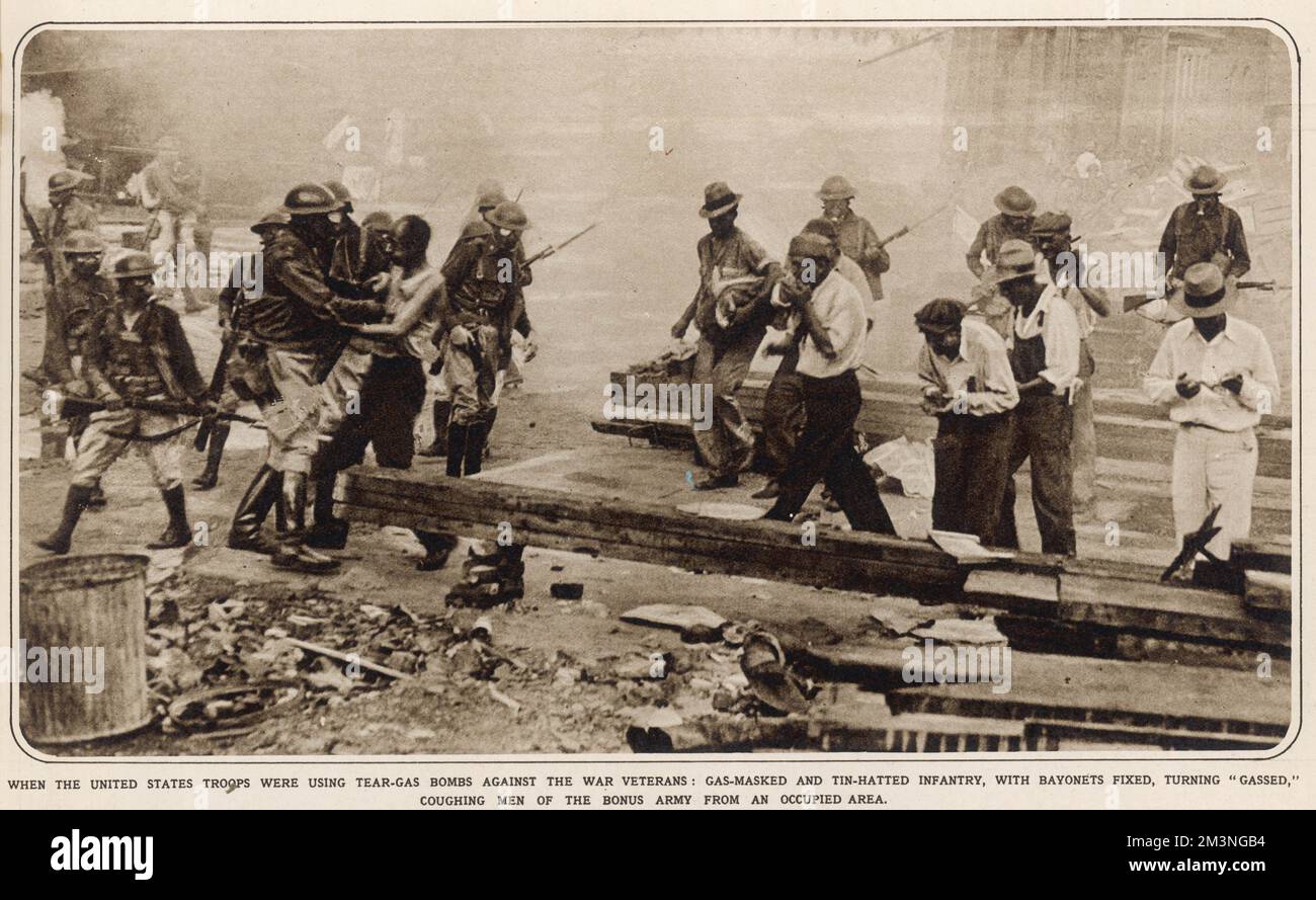 Use of tear gas bombs by United States troops against war veterans in the clearnance of the Bonus Army encampment at Washington. The troops, wearing tin helmets and gas masks, with their bayonets fixed, approach gassed and coughing black veterans as they are forced to leave an occupied area.     Date: July 1932 Stock Photo
