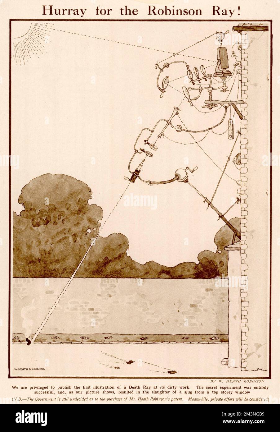 We are privileged to publish the first illustration of a Death Ray at it's dirty work. the top secret experiment was entirely successful, and as our picture shows, resulted in the slaughter of a slug from a top storey window. Please note: Credit must appear as  Courtesy of the estate of Mrs J.C.Robinson/Pollinger Ltd/ILN/Mary Evans     Date: 11th June 1924 Stock Photo