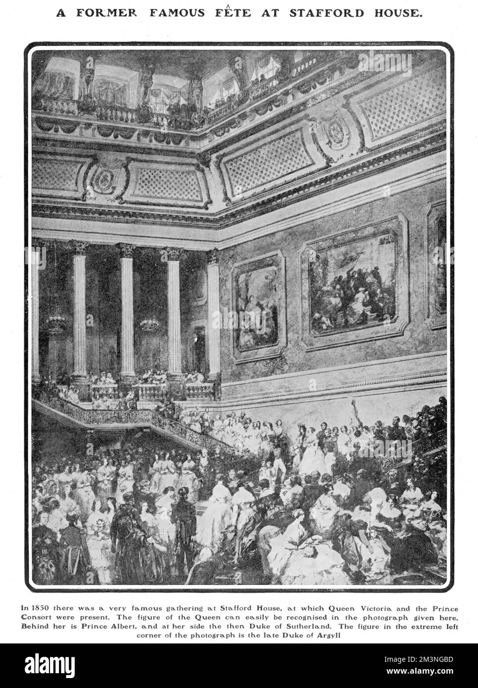Page from The Tatler, 3rd July 1901, featuring a famous gathering at Stafford House in 1850 at which Queen Victoria and Prince Albert were present. At her side in the picture is the then Duke of Sutherland. The figure in the extreme left corner is the late Duke of Argyll.     Date: July 1901 Stock Photo