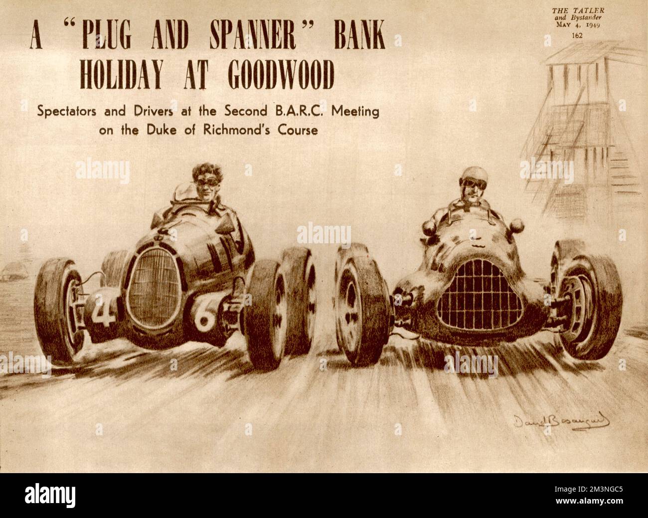 A 'plug and spanner' bank holiday at Goodwood. R. D. Poore in his 3.8 Alfa-Romeo and Leslie Johnson in the E-type 1 1/2 litre E.R.A. top the rise after St. Mary's Corner as they battle for second place behind R. Parnell. After a great struggle Poore just managed to get his nose in front by two seconds. Their high standard of driving was much appreciated by the very large crowds which attended this successful meeting at the Duke of Richmond's aerodrome circuit.     Date: 1929 Stock Photo