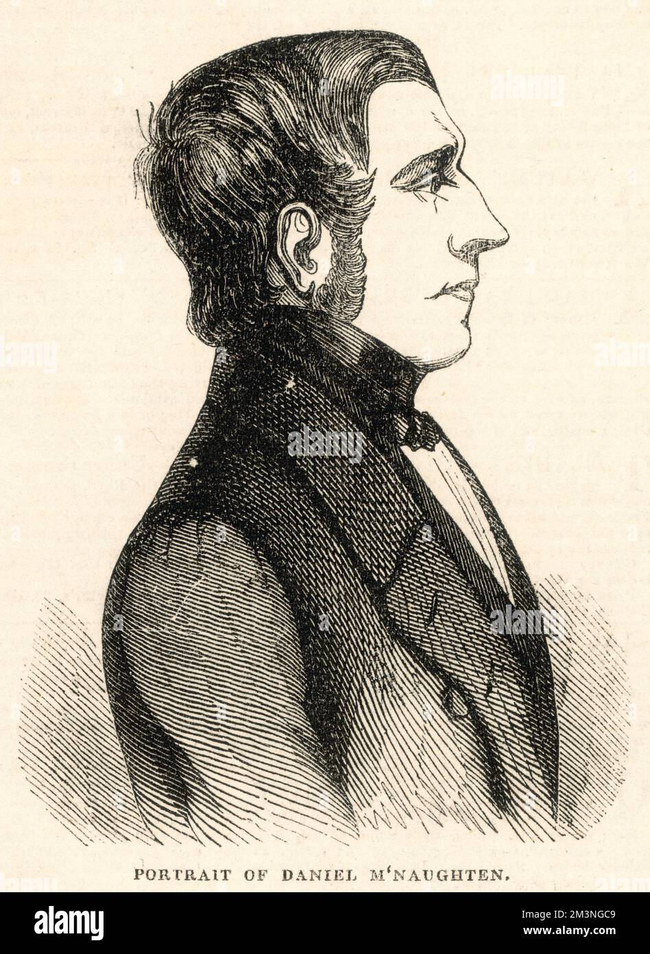 Daniel McNaughten (or M'Naughten), (1813 - 1865), Scottish woodturner who assassinated English civil servant Edward Drummond while suffering from paranoid delusions. Through his trial and its aftermath, he has given his name to the legal test of criminal insanity in England and other common law jurisdictions known as the M'Naghten Rules.     Date: 1843 Stock Photo