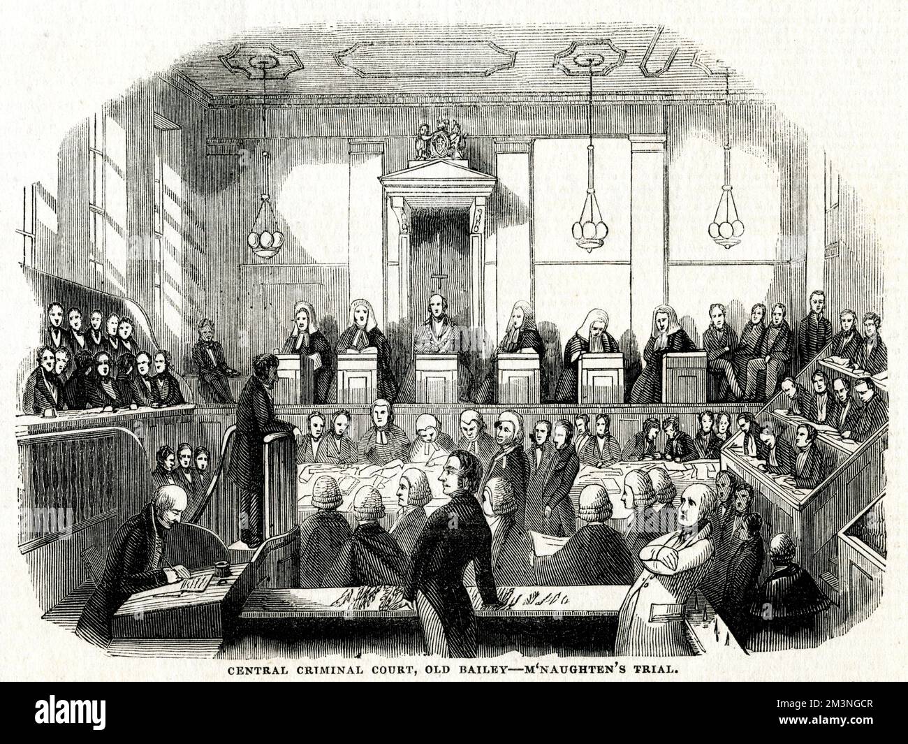 Scene at the Central Criminal Court at the Old Bailey showing the trial of Daniel McNaughten.  McNaughten (usually spelled M'Naughten) (1813  1865) was a Scottish woodturner who assassinated English civil servant and Private Secretary of Sir Robert Peel, Edward Drummond while suffering from paranoid delusions. Through his trial and its aftermath, he has given his name to the legal test of criminal insanity in England and other common law jurisdictions known as the M'Naghten Rules.     Date: 1843 Stock Photo