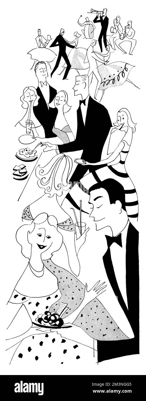 An illustration depicting a party of debutante ball with several young ladies in full skirted dresses helping themselves to the buffet while predatory young men in tuxedos look smug.     Date: 1957 Stock Photo