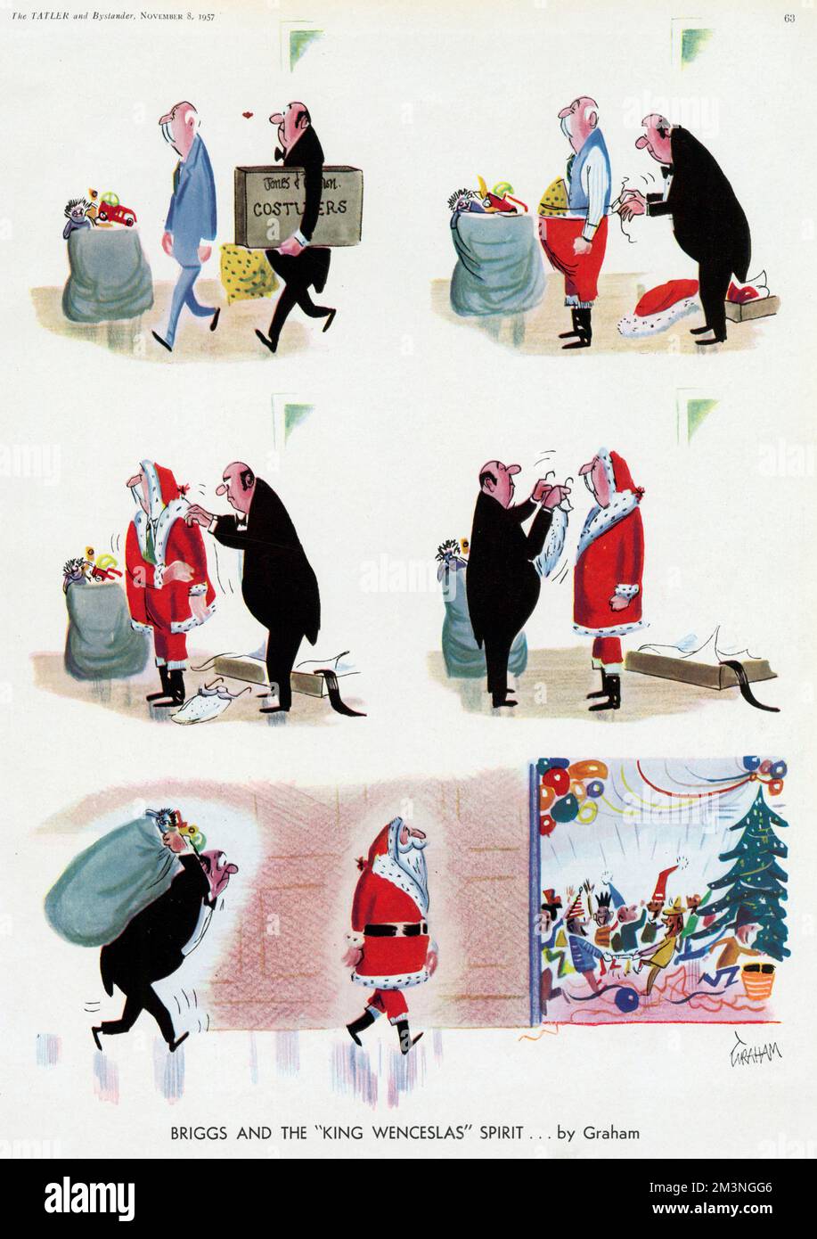 Strip cartoon Graham showing a loyal and put-upon butler helping his employer to dress in a Father Christmas costume, and heaving a huge sack of toys towards a children's party where Father Christmas gets all the glory and attention.     Date: 1957 Stock Photo