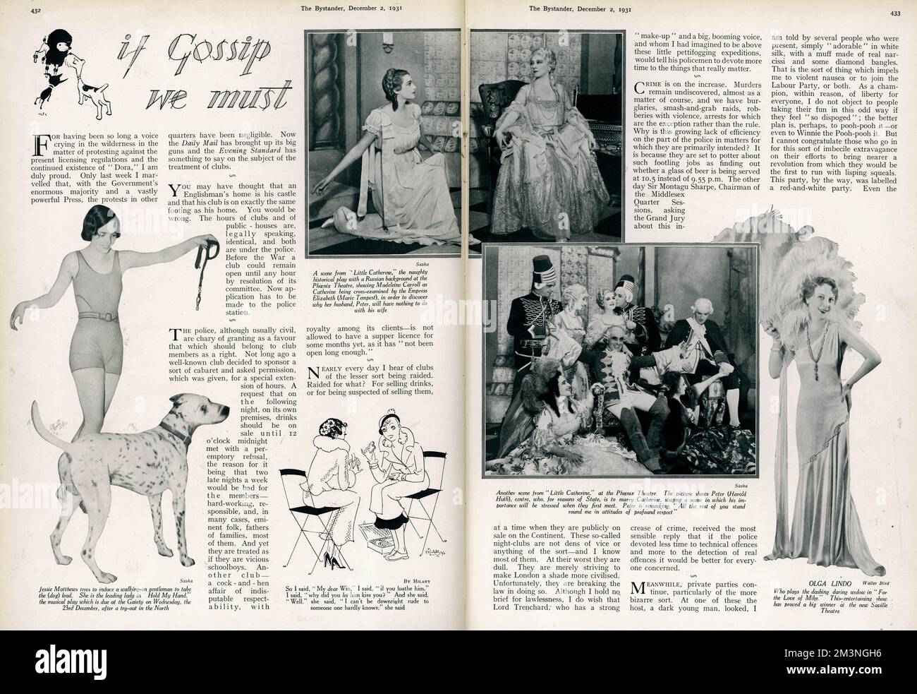Double-page spread relating the social matters of the day.  The photographs included show the cast of 'Little Catherine', as well as Jessie Matthews, the leading lady in 'Hold my Hand' and Olga Lindo, who played the daring dashing widow in 'For the Love of Mike'.     Date: 1931 Stock Photo